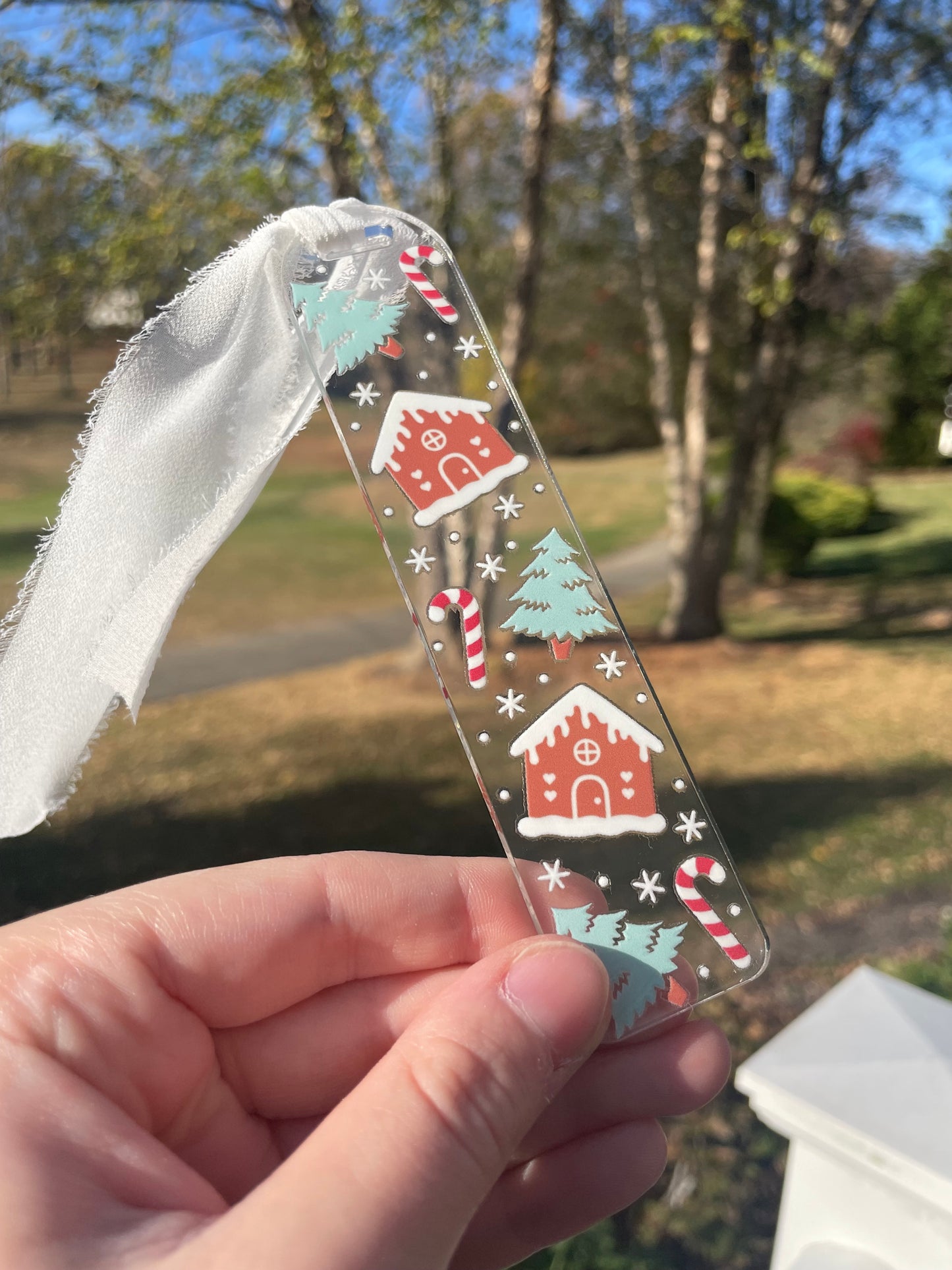 Gingerbread Houses and Snowy Trees Clear Acrylic Bookmark with Chiffon Ribbon