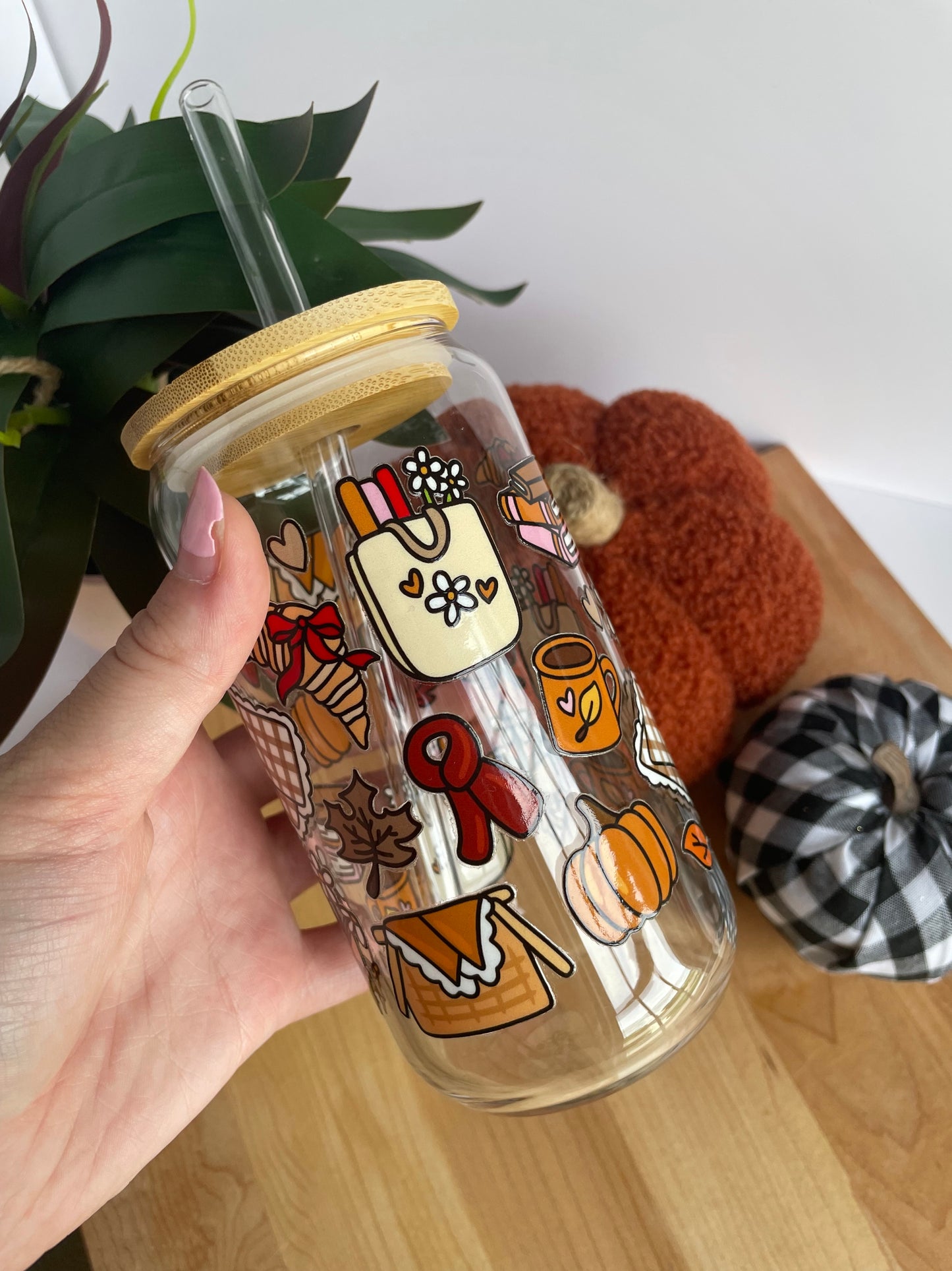 Fall Picnic Glass Cup with Bamboo Lid and Glass Straw