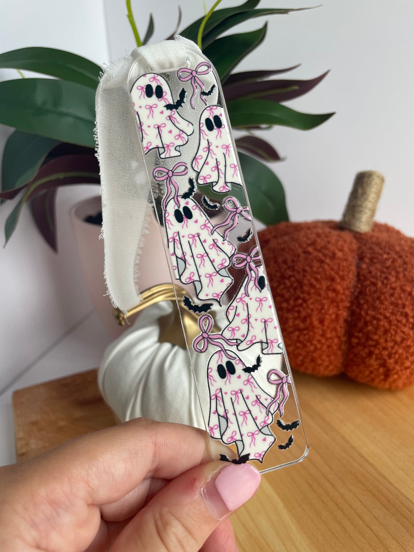 Beautiful Bow Ghosts Clear Acrylic Bookmark with Chiffon Ribbon