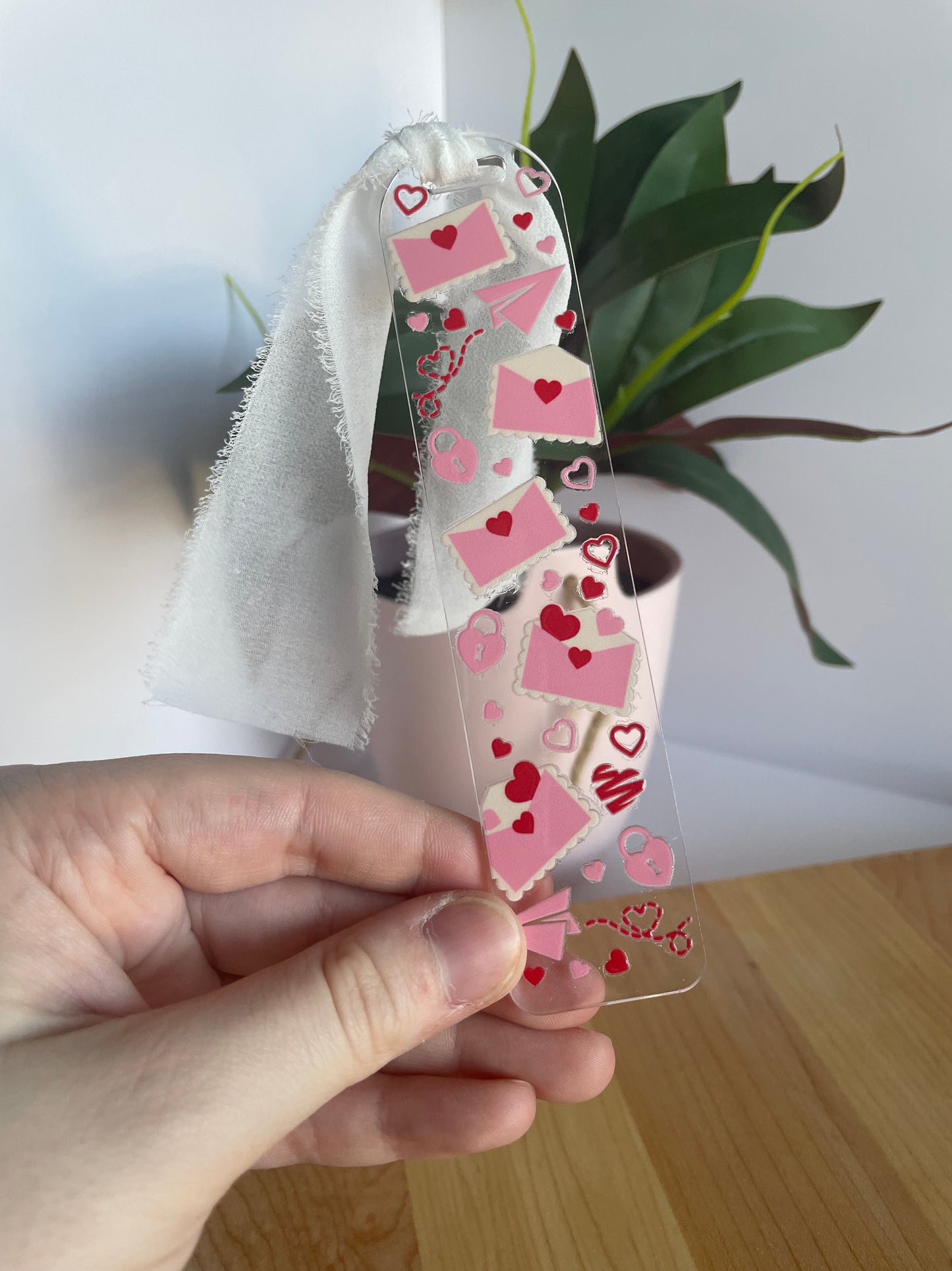 Love Letters Clear Acrylic Bookmark with Chiffon Ribbon