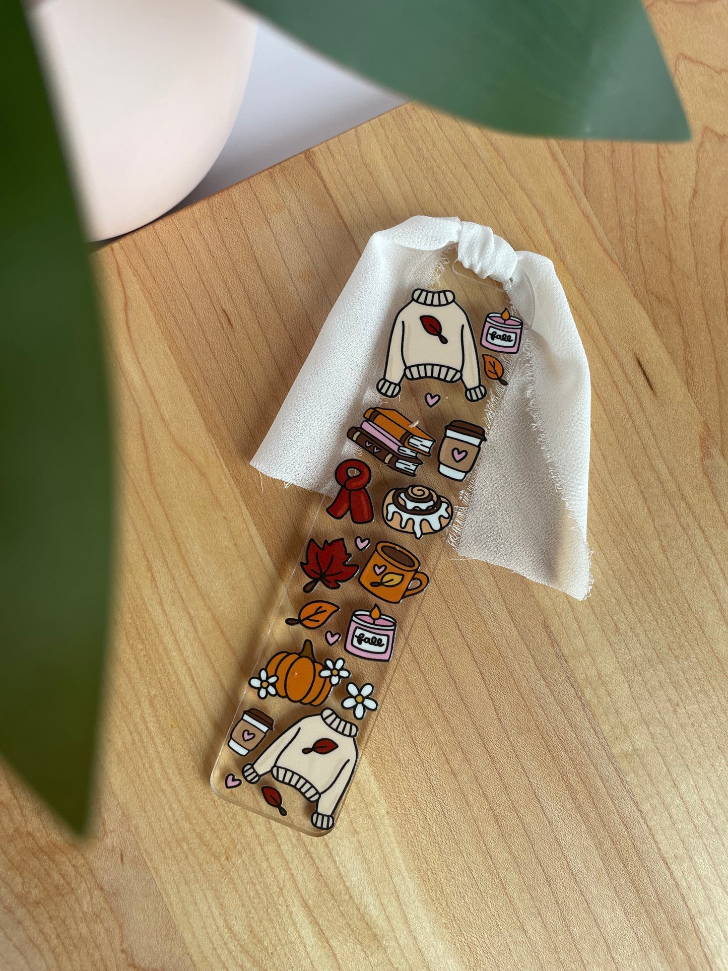 Cozy Fall Girl Clear Acrylic Bookmark with Chiffon Ribbon