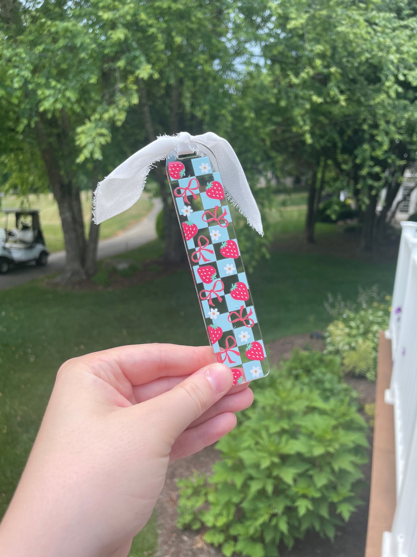Blue Checkered Strawberries Clear Acrylic Bookmark with Chiffon Ribbon