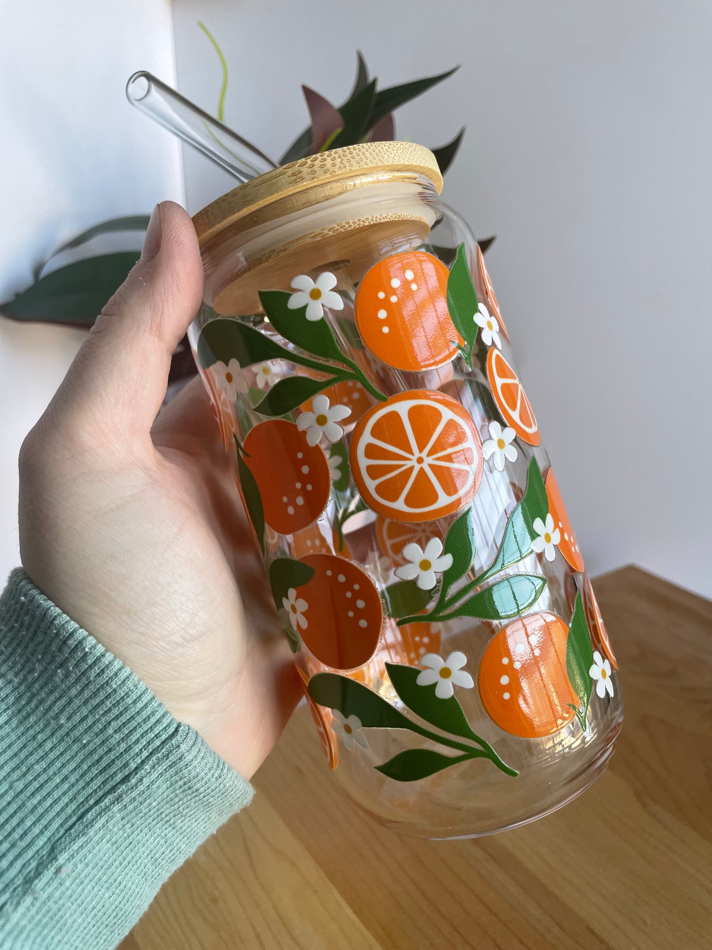 Summer Oranges Glass Cup with Bamboo Lid and Glass Straw