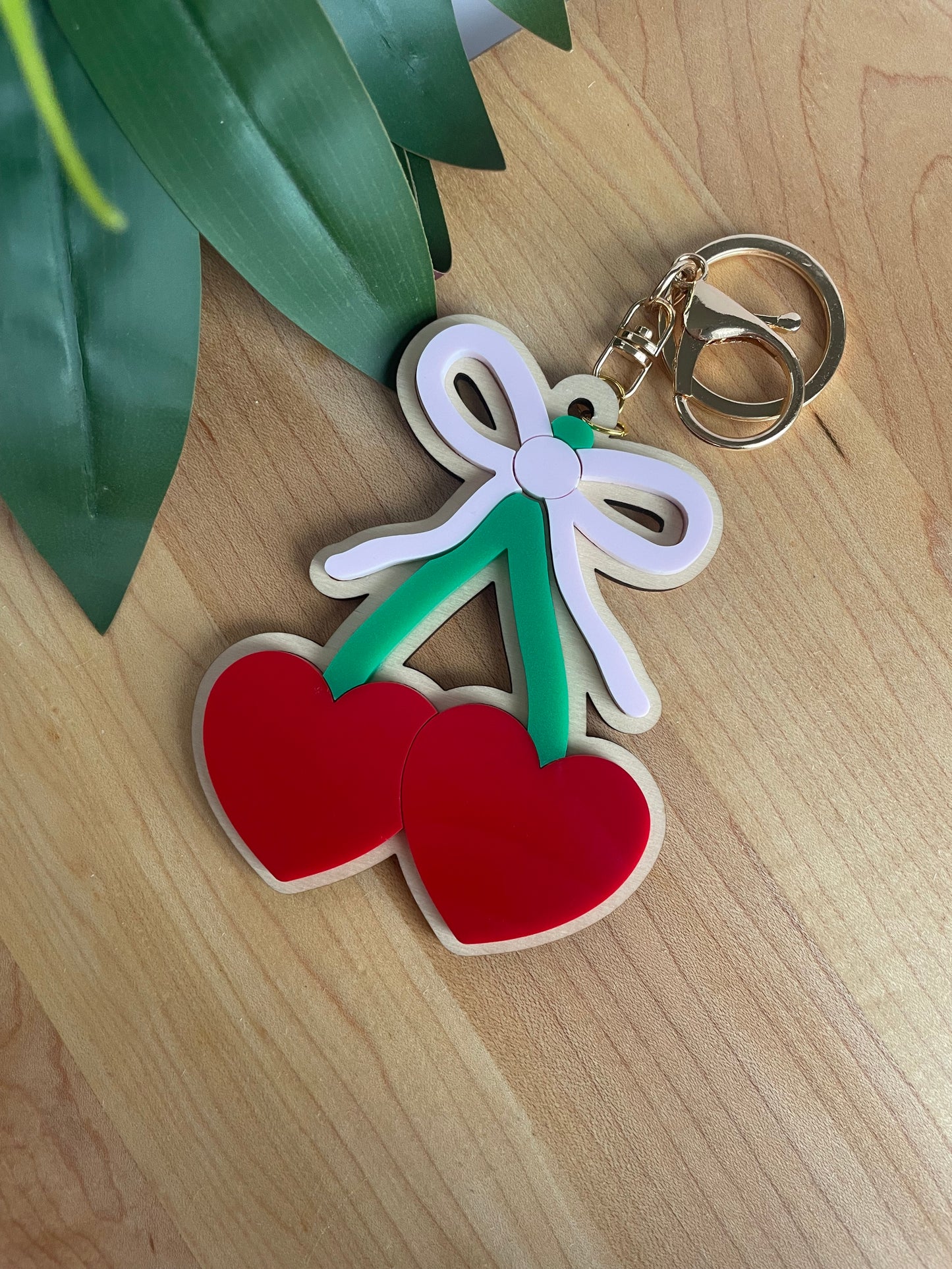 Cute Cherry and Bow Acrylic Keychain with Gold Features