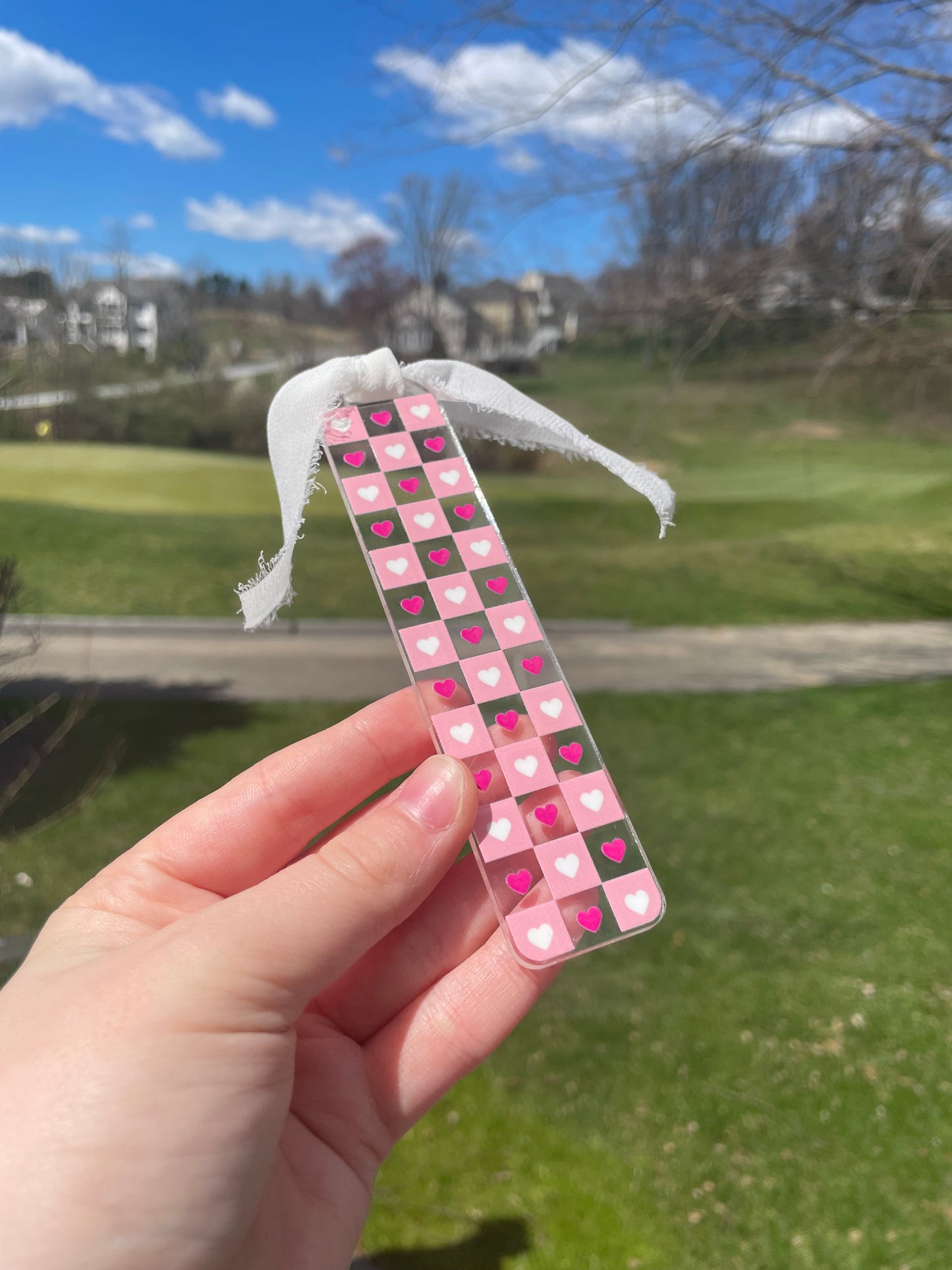 Pink and Red Checkered Hearts Clear Acrylic Bookmark with Chiffon Ribbon