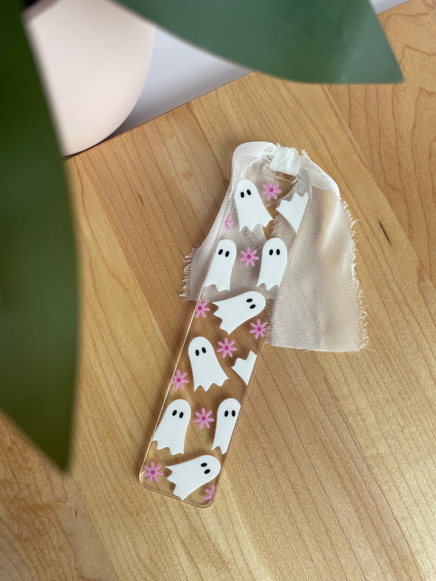 Pretty Flowers and Ghosts Clear Acrylic Bookmark with Chiffon Ribbon
