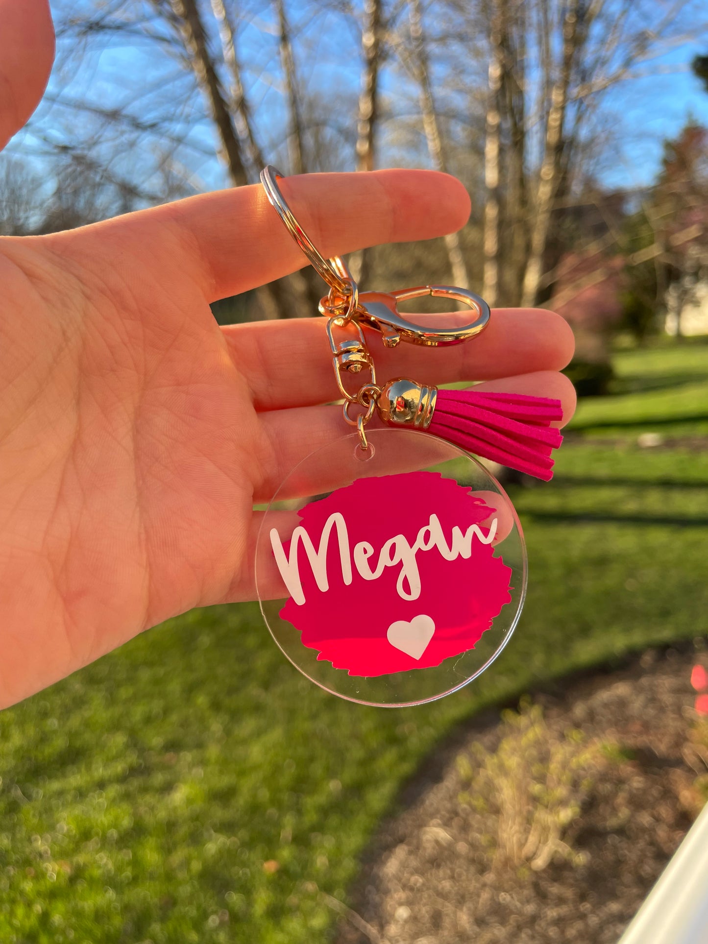 Custom Name Painted Circle Acrylic Keychain with Tassel and Gold Features