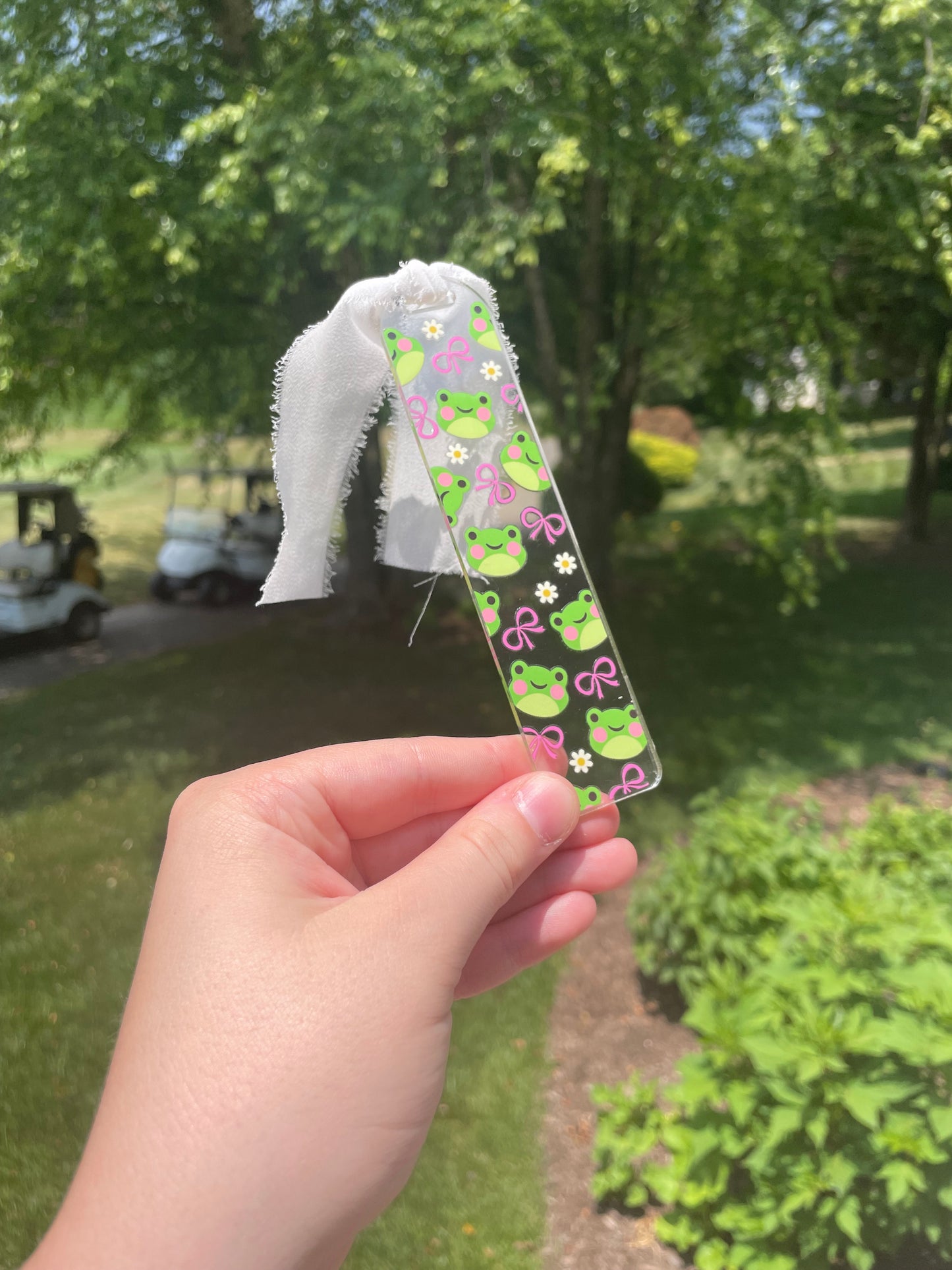 Adorable Froggies and Pink Bows Clear Acrylic Bookmark with Chiffon Ribbon