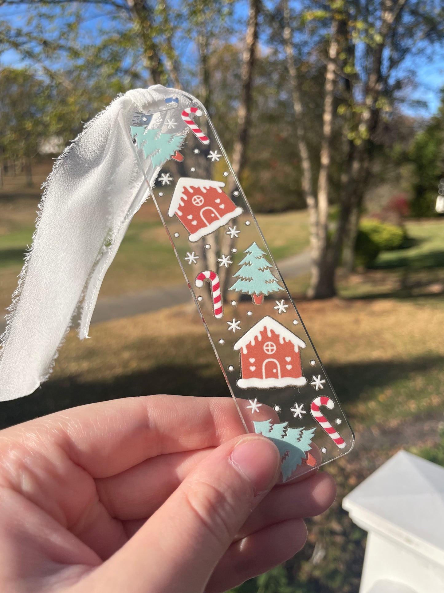 Gingerbread Houses and Snowy Trees Clear Acrylic Bookmark with Chiffon Ribbon