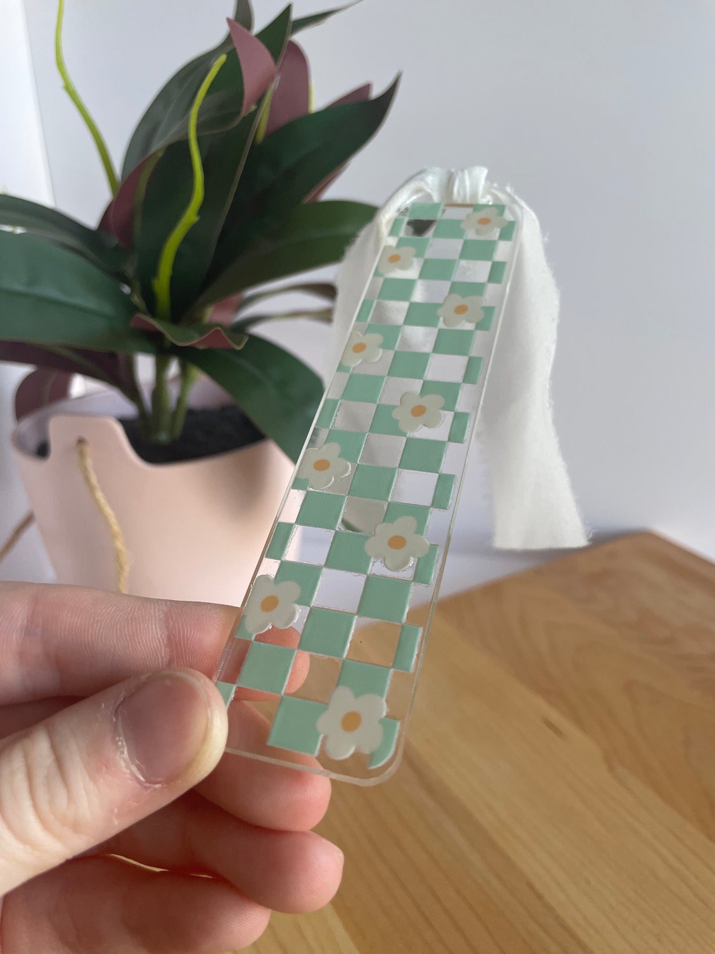 Teal Checkered Daises Clear Acrylic Bookmark with Chiffon Ribbon