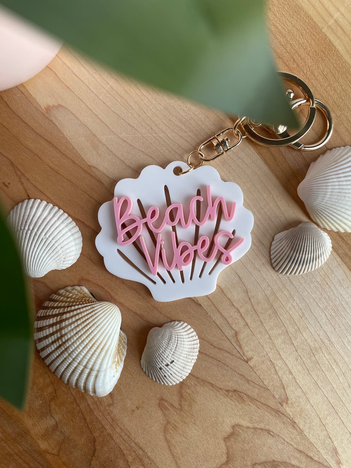 Beach Vibes Seashell Acrylic Keychain with Gold Features