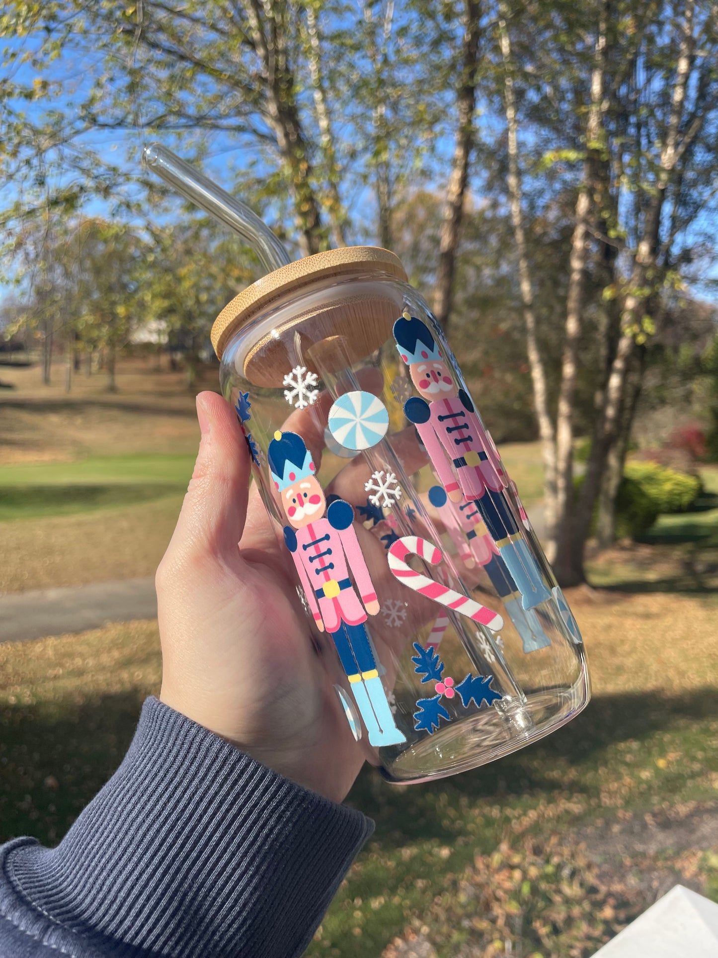 Blue Nutcrackers Holiday Glass Cup with Bamboo Lid and Glass Straw