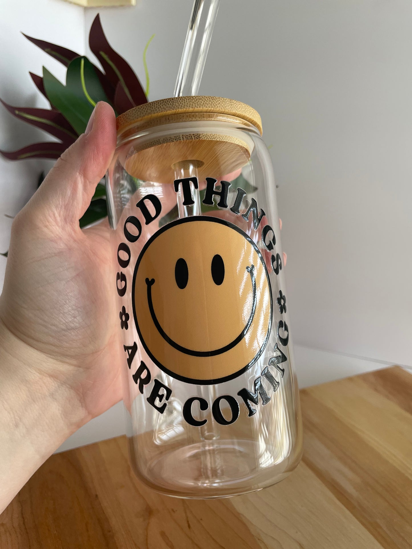 Good Things Are Coming Smiley Face Glass Cup with Bamboo Lid and Glass Straw