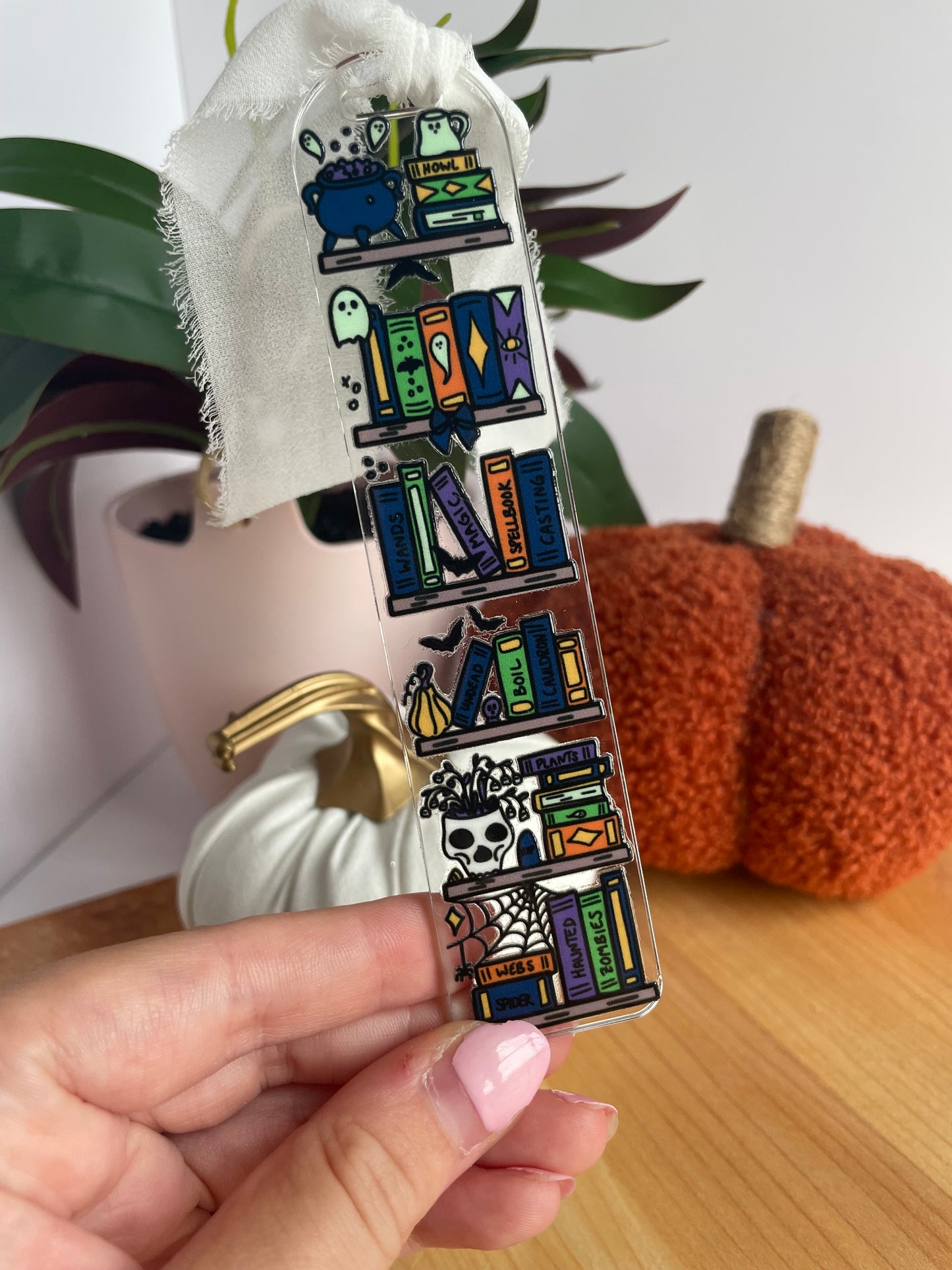 Spooky Bookshelf Clear Acrylic Bookmark with Chiffon Ribbon