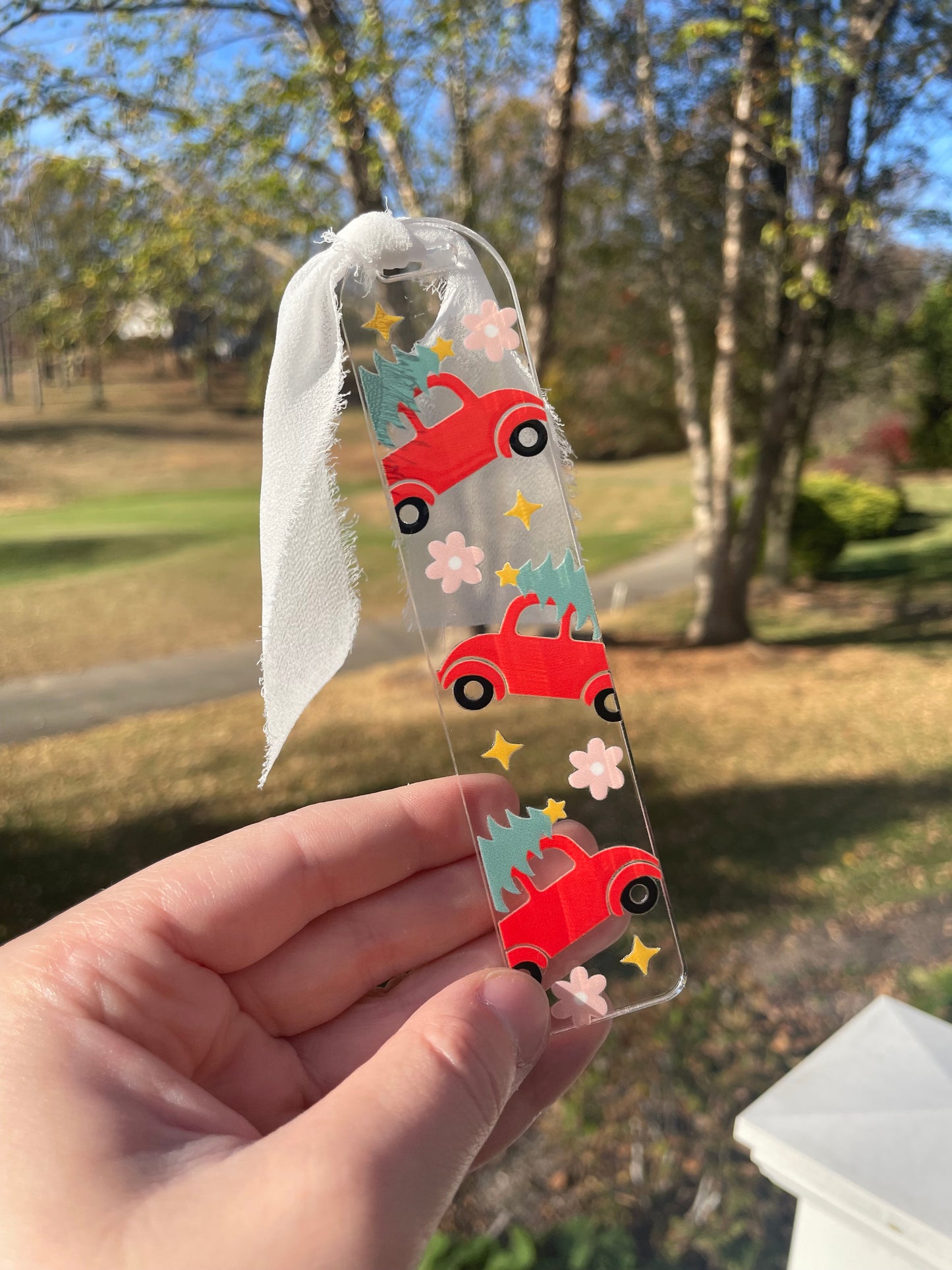Red Christmas Truck Clear Acrylic Bookmark with Chiffon Ribbon