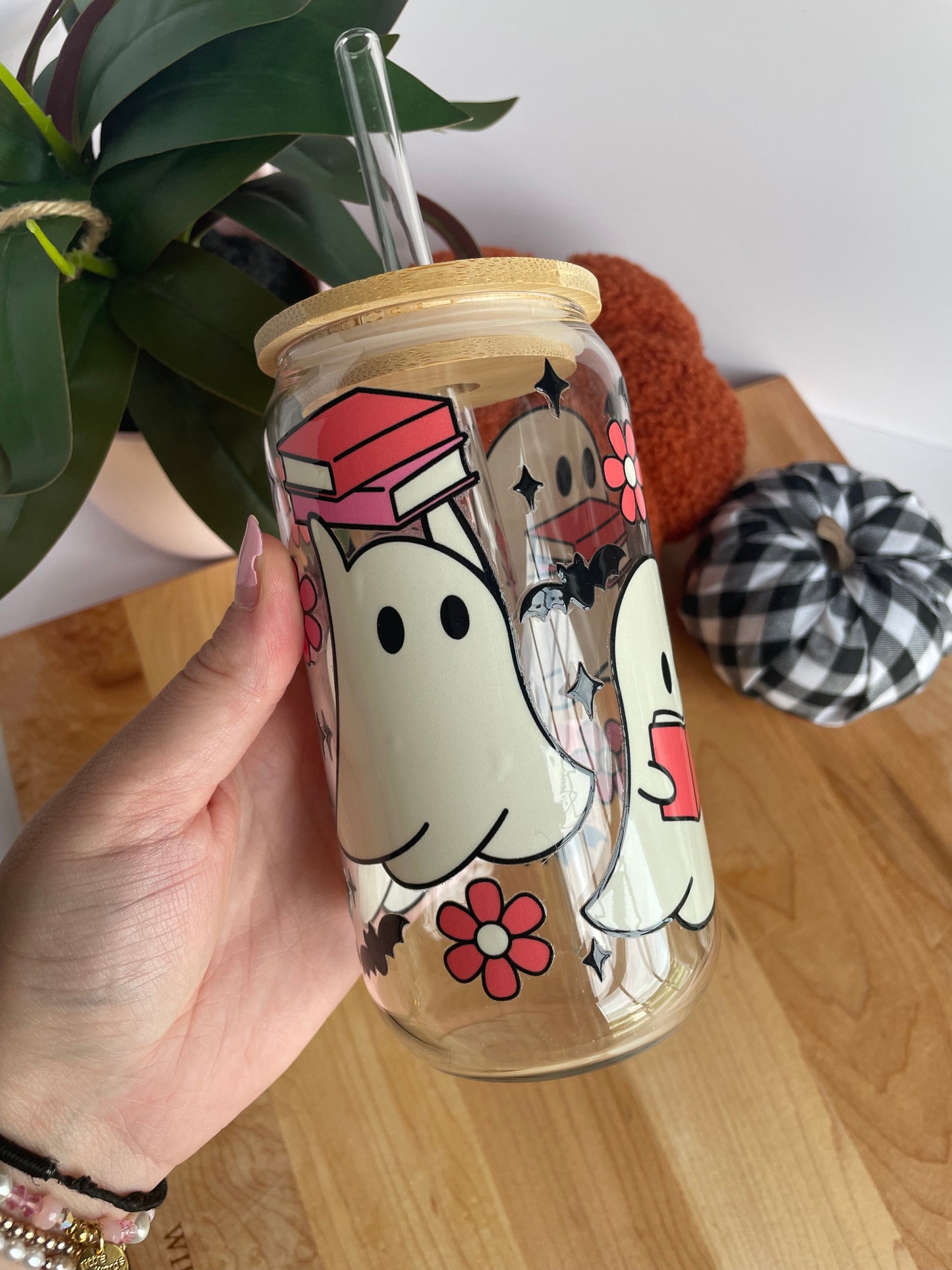 Bookish Ghosts Glass Cup with Bamboo Lid and Glass Straw