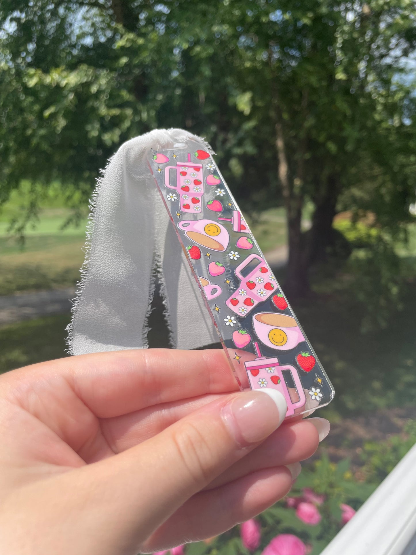 Girly Strawberries Clear Acrylic Bookmark with Chiffon Ribbon