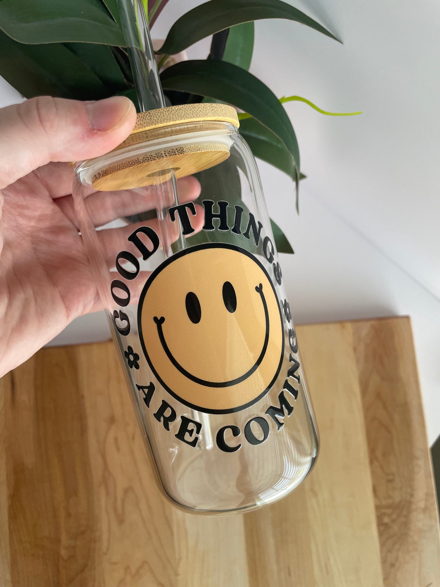 Good Things Are Coming Smiley Face Glass Cup with Bamboo Lid and Glass Straw