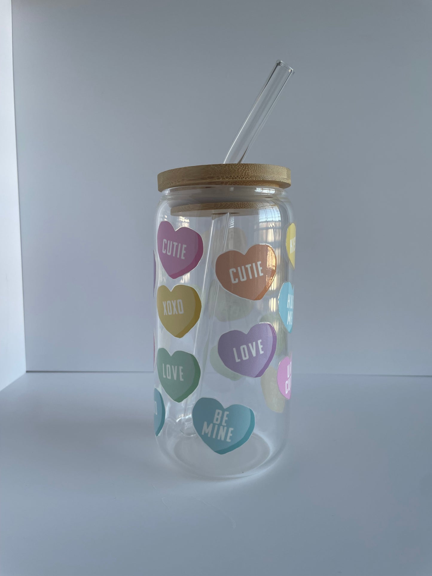 Conversation Hearts Glass Cup with Bamboo Lid and Glass Straw