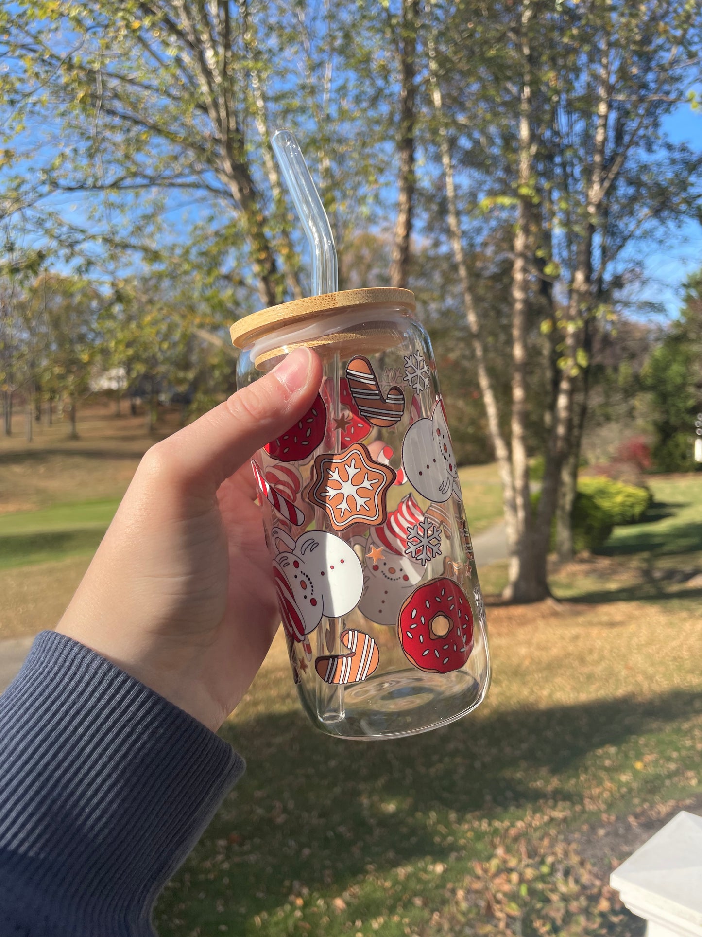 Holiday Cookies and Hot Chocolate Glass Cup with Bamboo Lid and Glass Straw