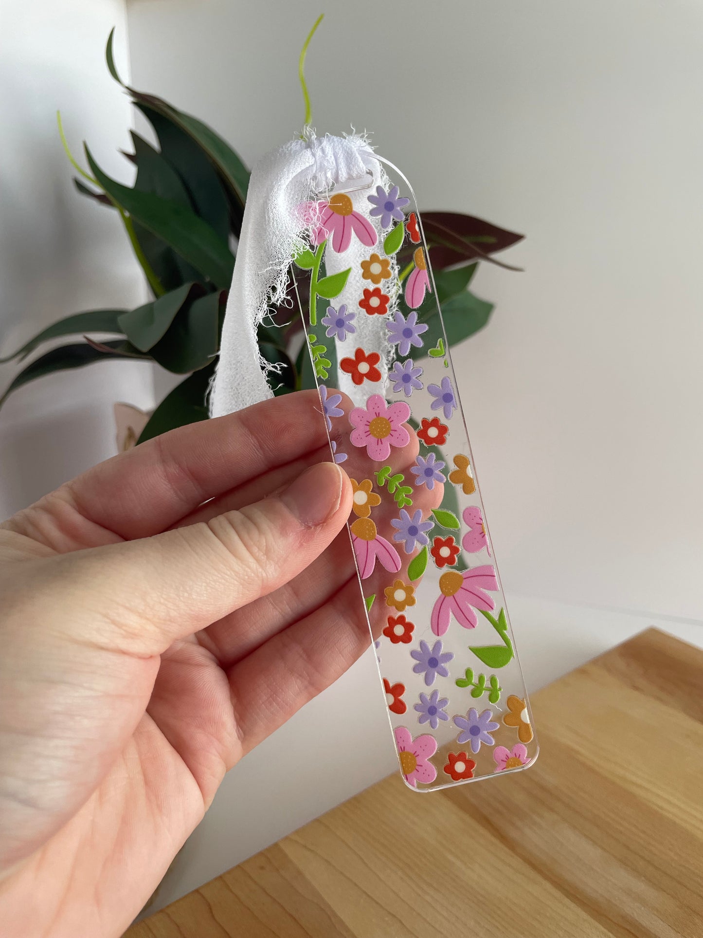Spring Florals Clear Acrylic Bookmark with Chiffon Ribbon