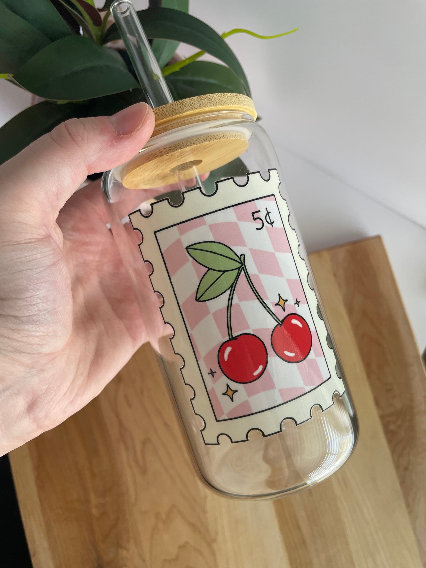 Cherry Stamp Glass Cup with Bamboo Lid and Glass Straw