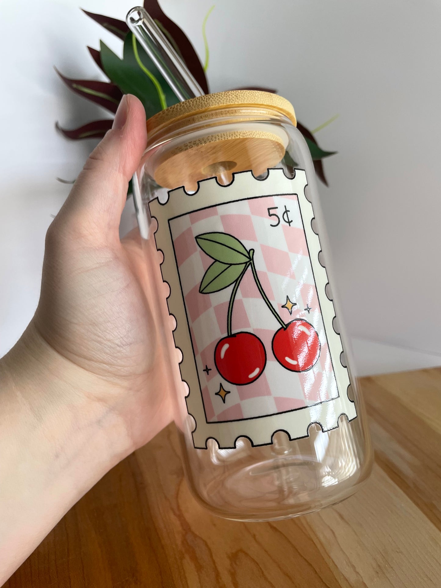 Cherry Stamp Glass Cup with Bamboo Lid and Glass Straw