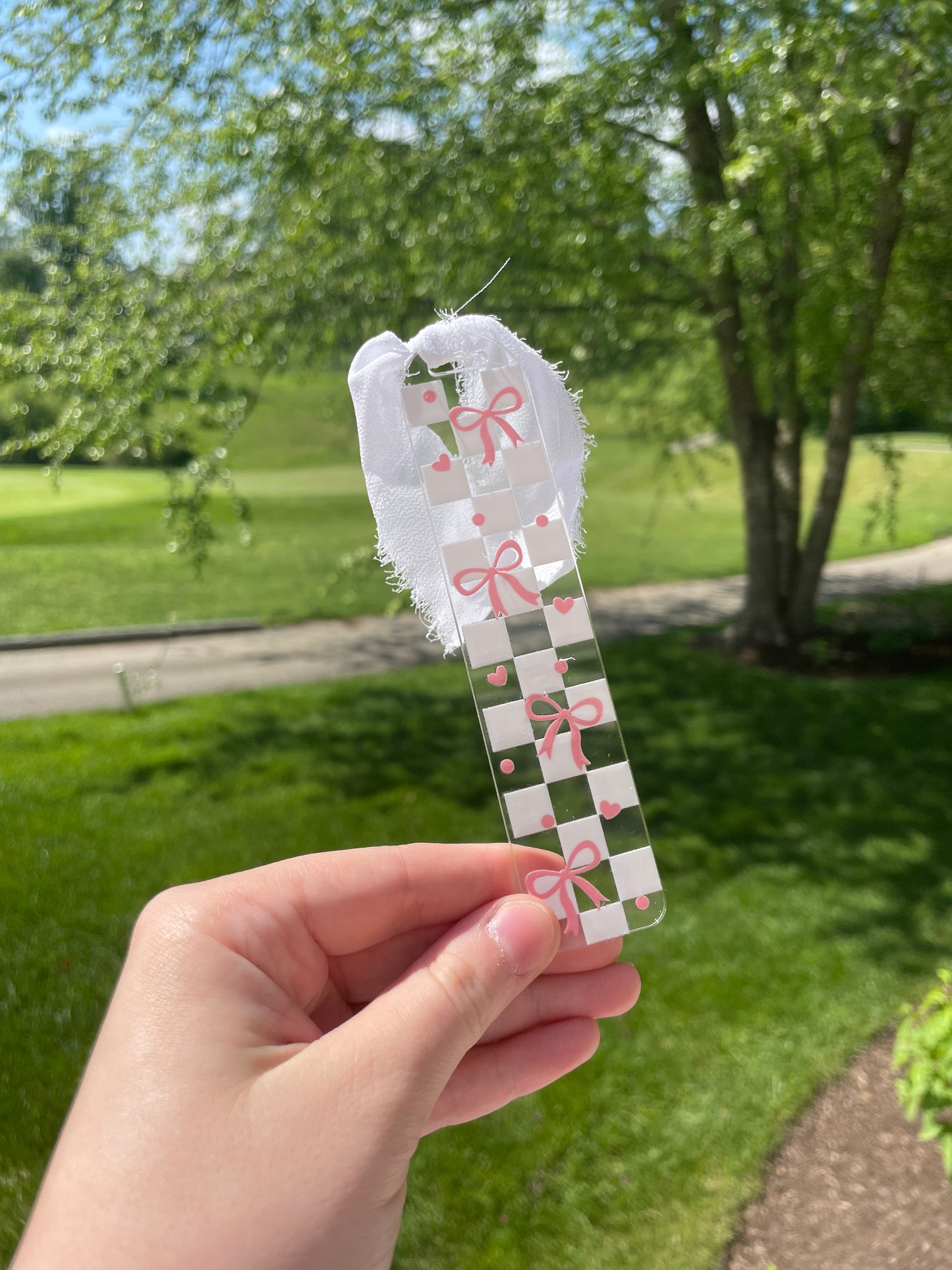 Light Pink Pretty Checkered Bows Girly Clear Acrylic Bookmark with Chiffon Ribbon