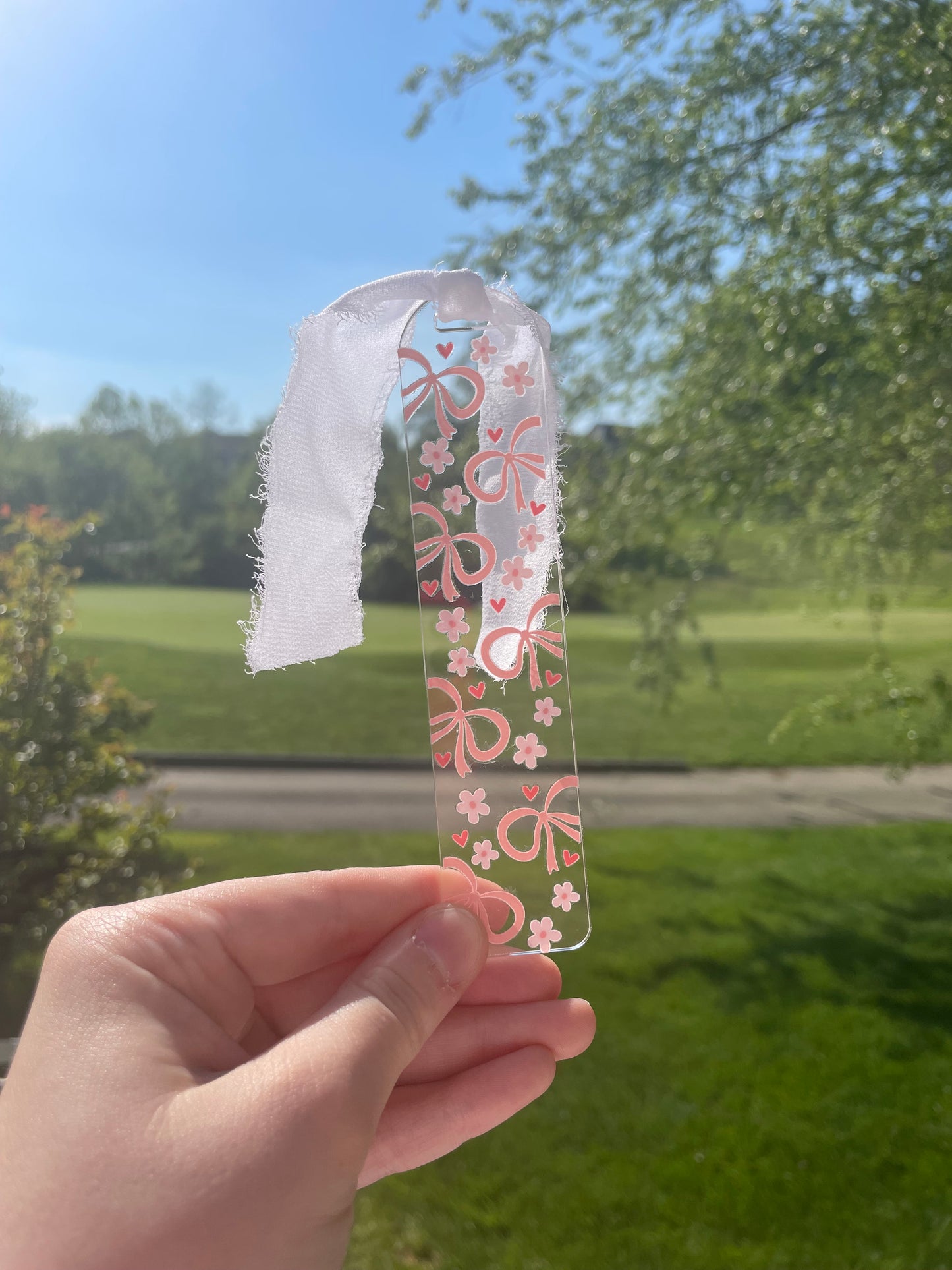 Beautiful Bows and Flowers Clear Acrylic Bookmark with Chiffon Ribbon
