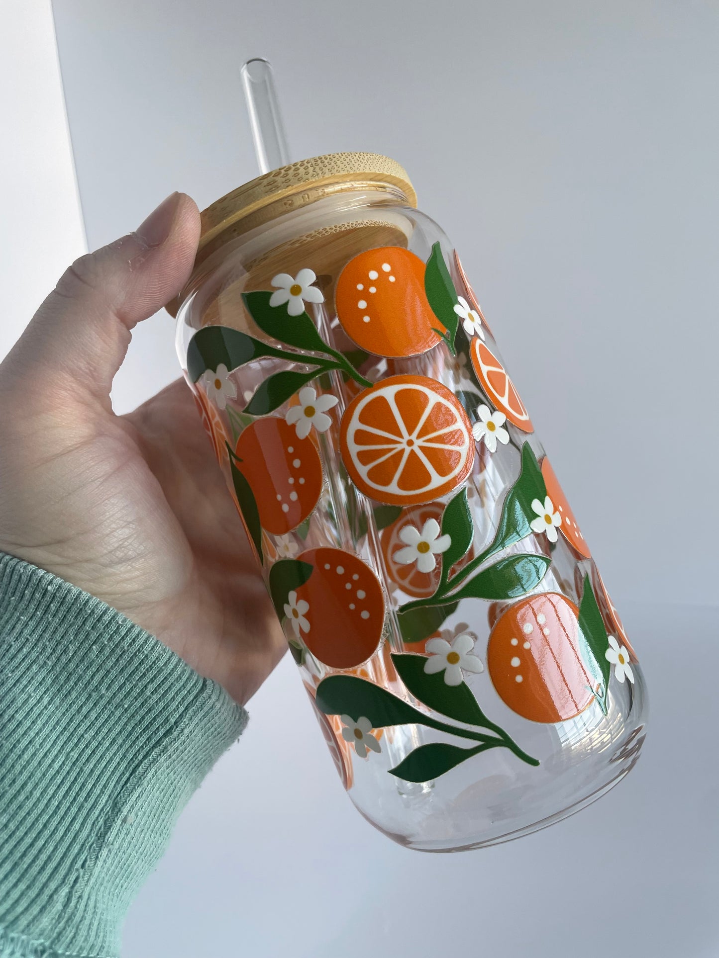 Summer Oranges Glass Cup with Bamboo Lid and Glass Straw