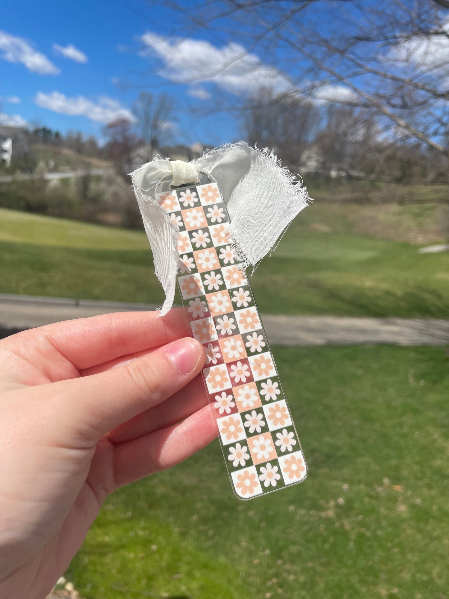 Orange and White Checkered Flowers Clear Acrylic Bookmark with Chiffon Ribbon