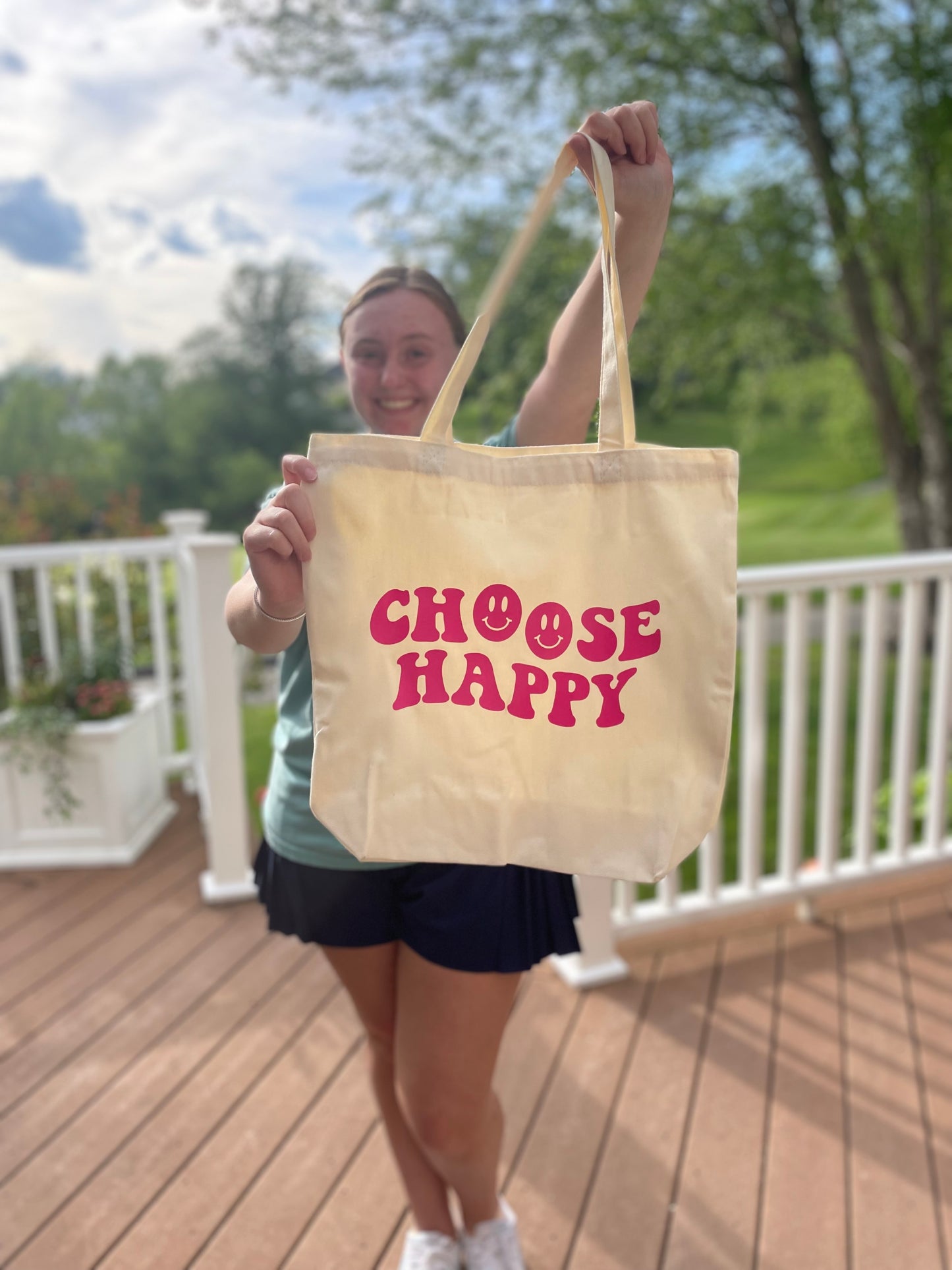 Hot Pink Choose Happy Canvas Tote Bag