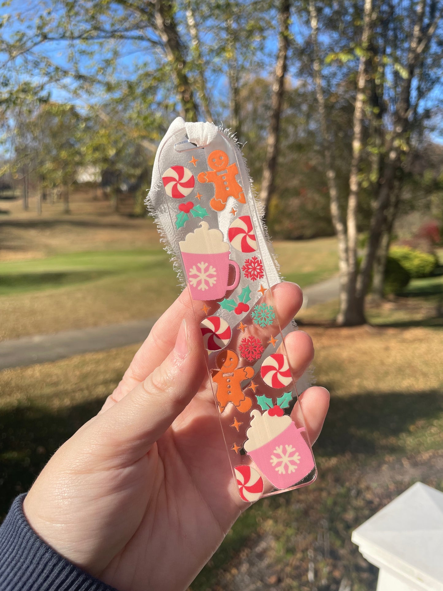 Cute Gingerbread Cookies and Hot Cocoa Clear Acrylic Bookmark with Chiffon Ribbon