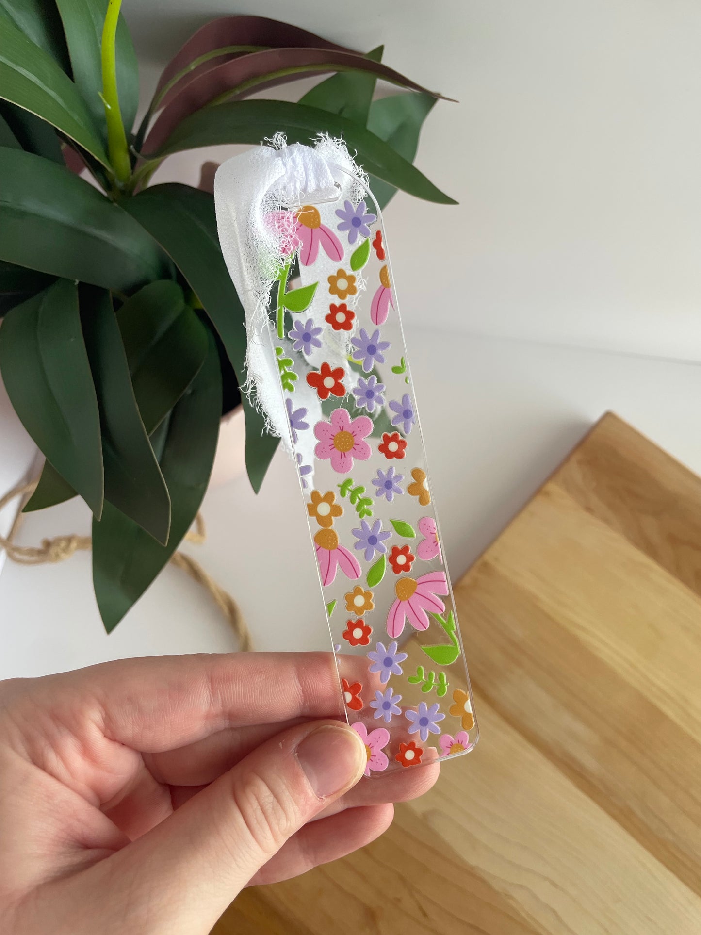 Spring Florals Clear Acrylic Bookmark with Chiffon Ribbon
