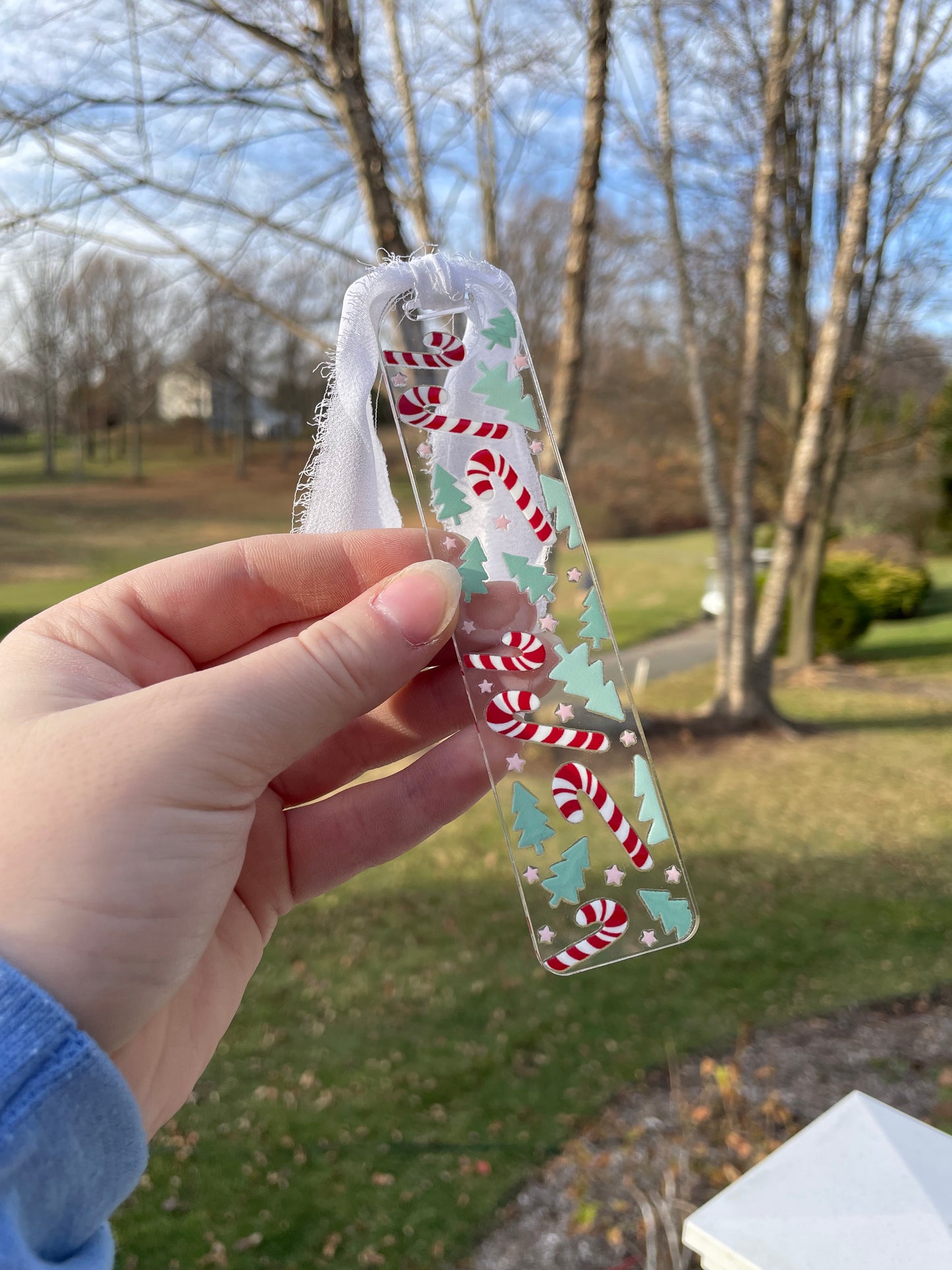 Candy Canes and Holiday Trees Clear Acrylic Bookmark with Chiffon Ribbon