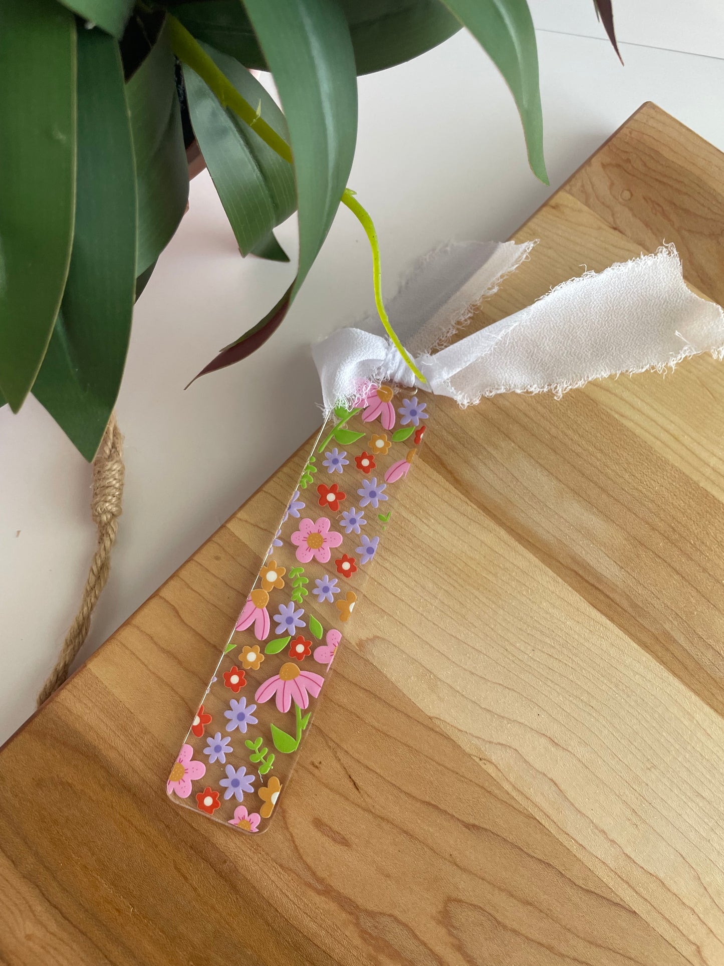 Spring Florals Clear Acrylic Bookmark with Chiffon Ribbon