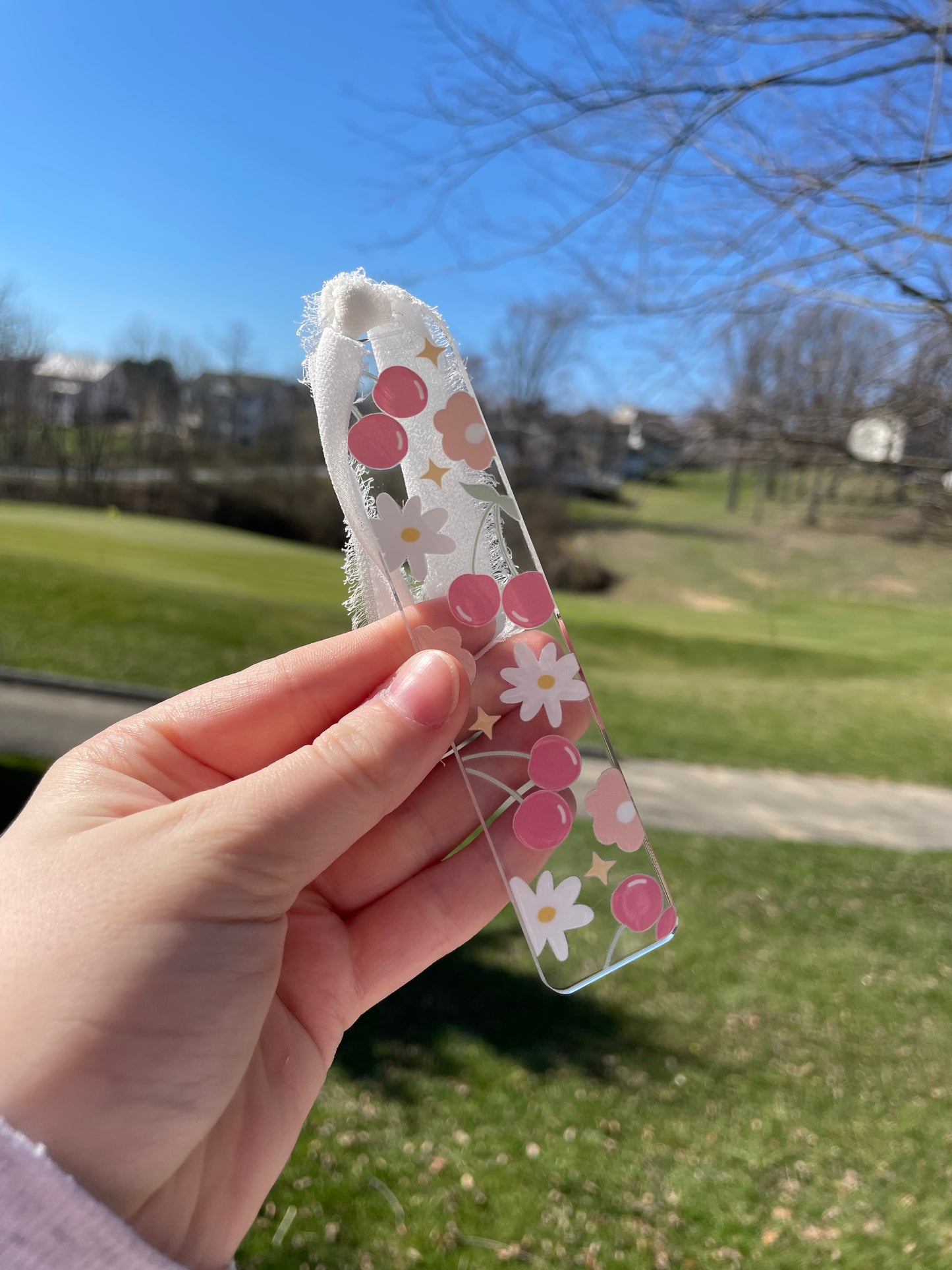 Cherries and Flowers Cute Clear Acrylic Bookmark with Chiffon Ribbon