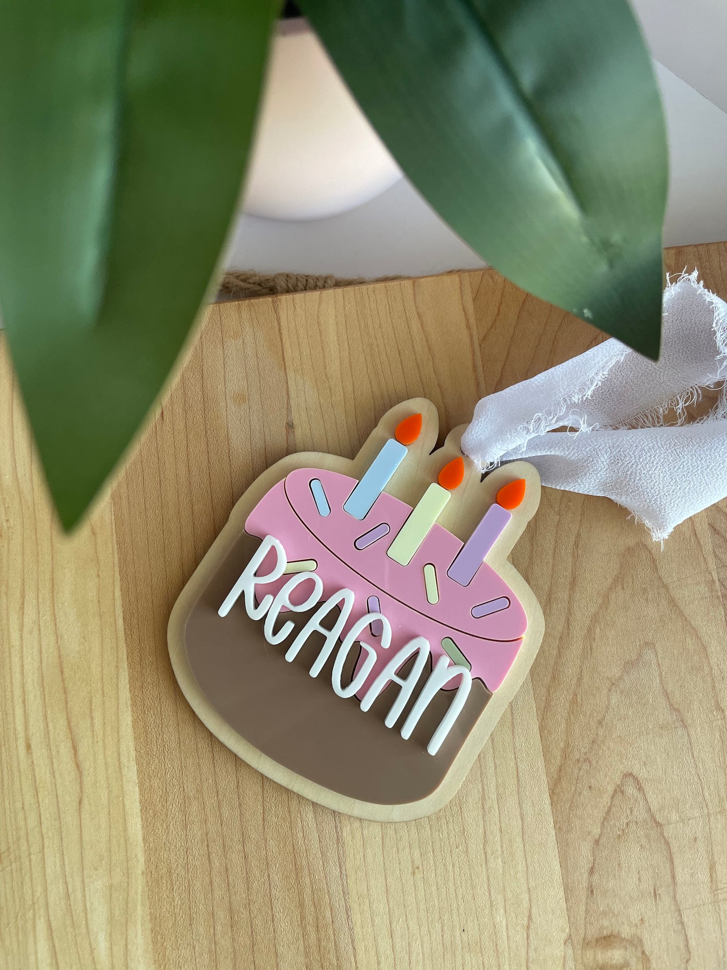 Birthday Cake Acrylic Gift Tag with Chiffon Ribbon