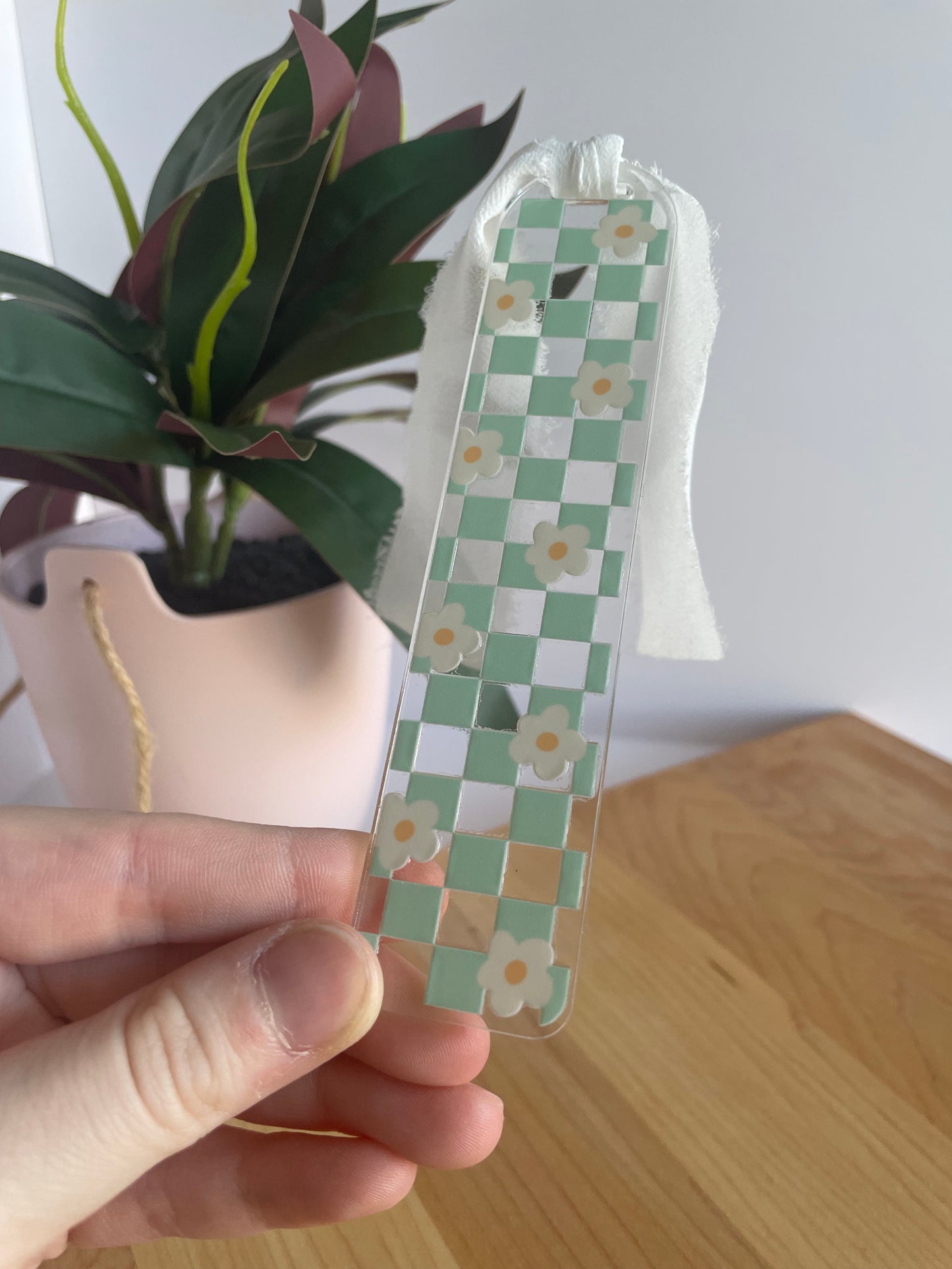 Teal Checkered Daises Clear Acrylic Bookmark with Chiffon Ribbon