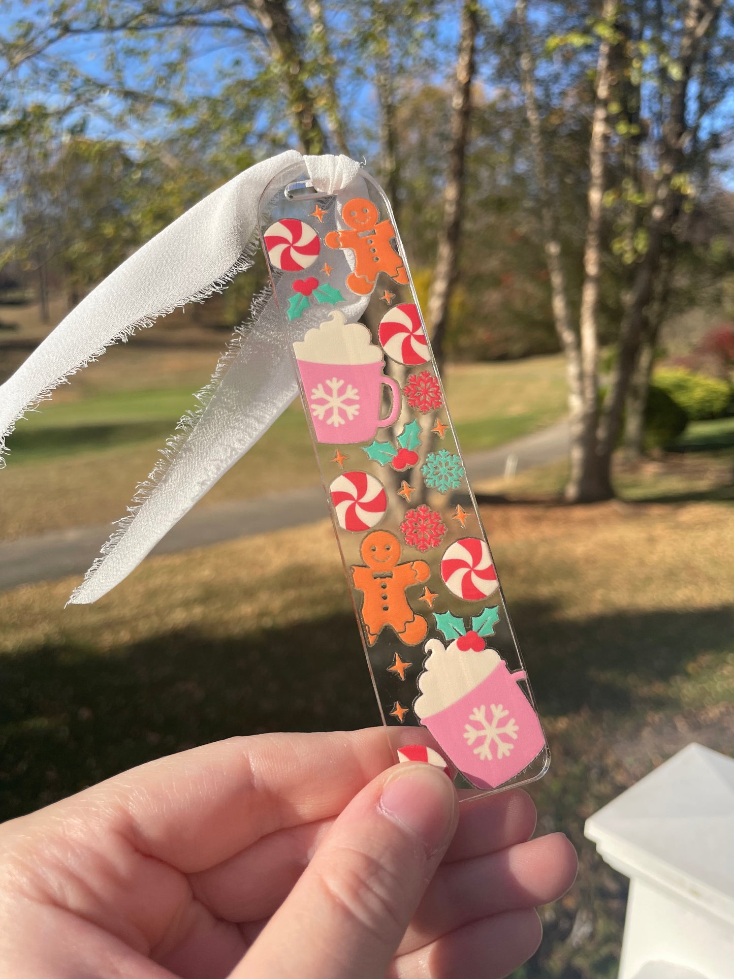 Cute Gingerbread Cookies and Hot Cocoa Clear Acrylic Bookmark with Chiffon Ribbon