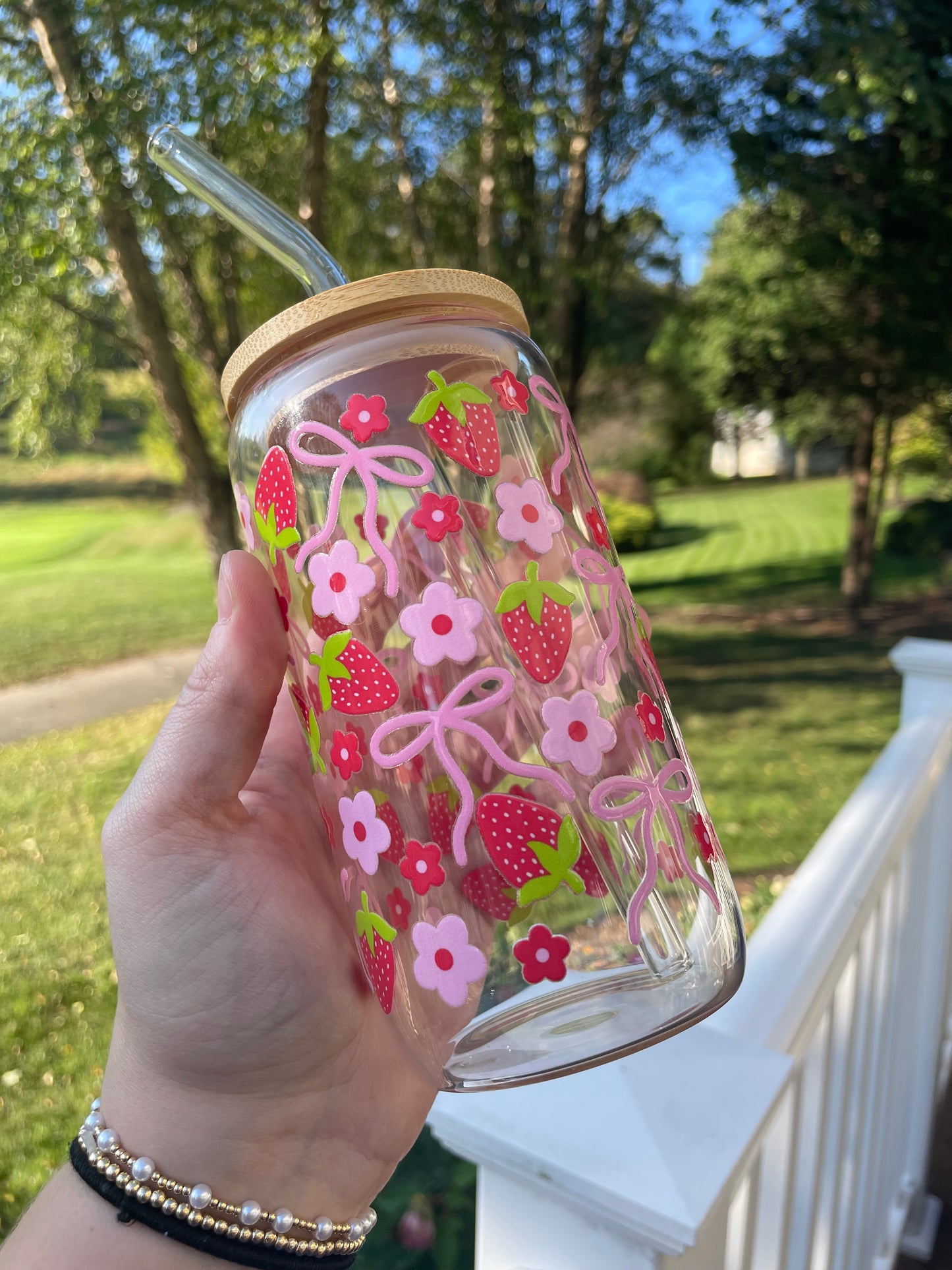Strawberries and Pink Bows Cute Glass Cup with Bamboo Lid and Glass Straw
