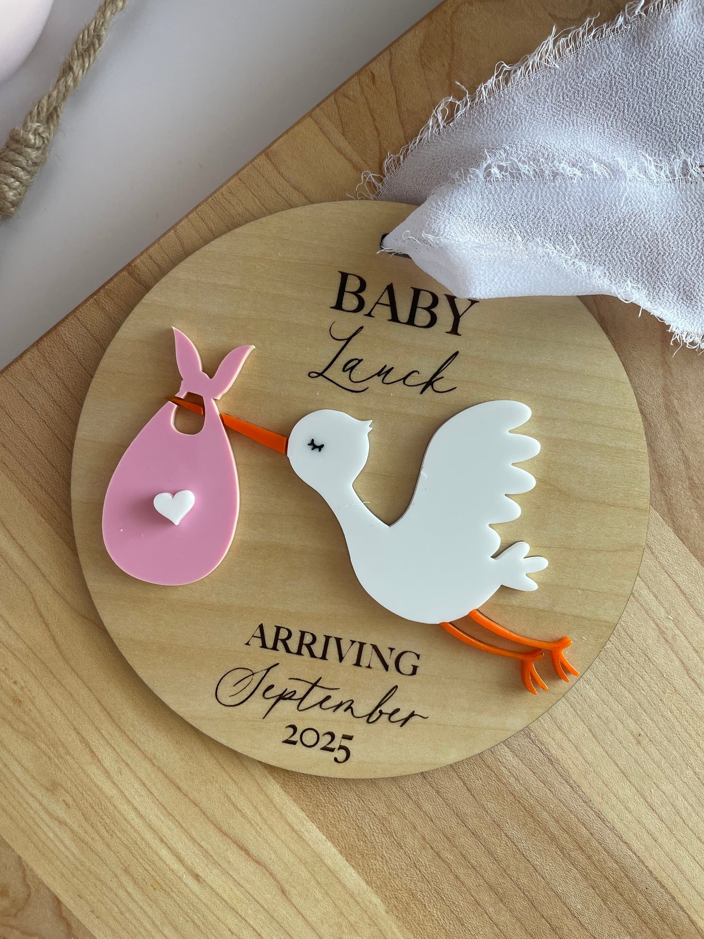 Arriving Baby Stork Wooden Gift Tag with Chiffon Ribbon