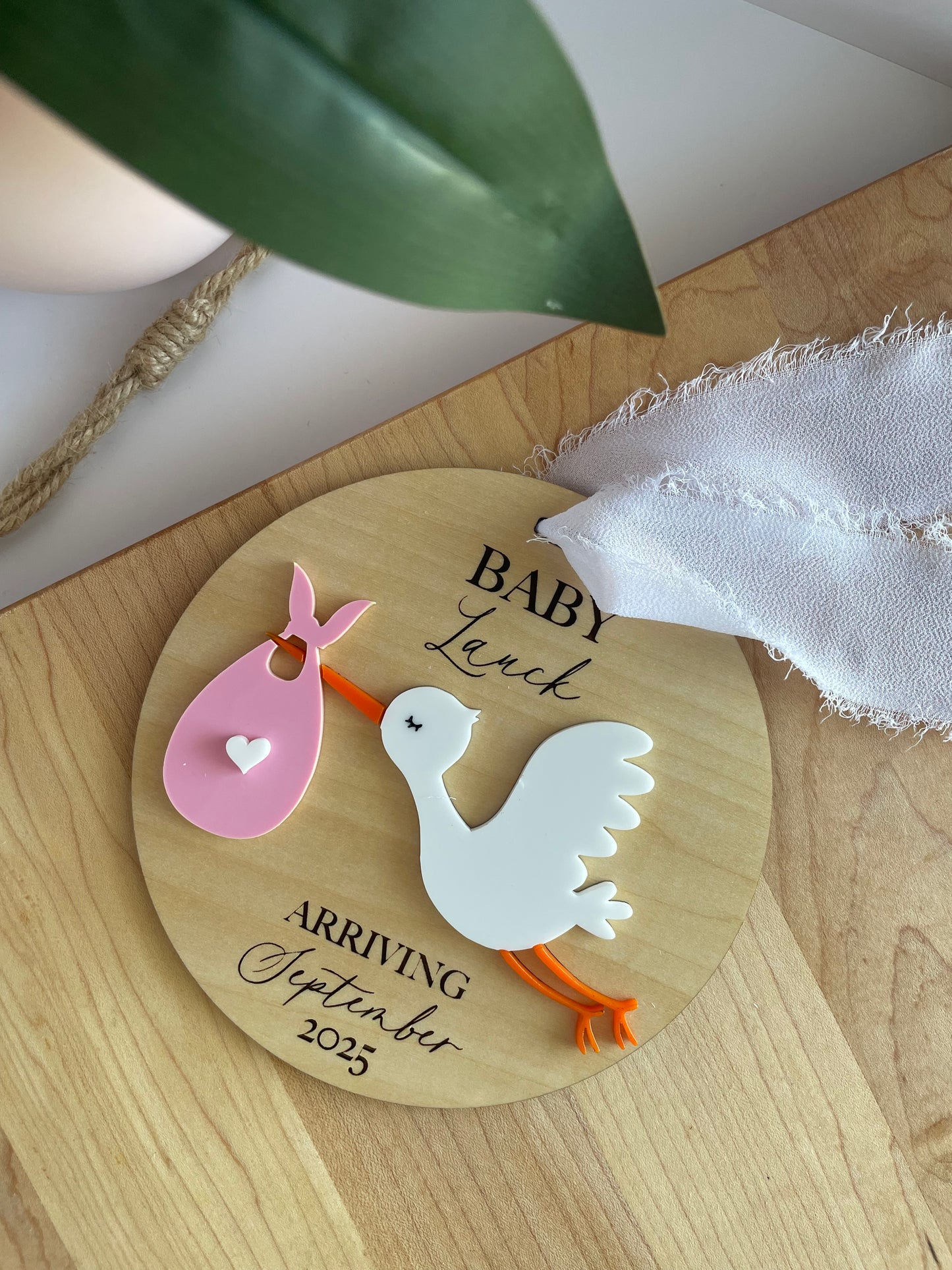 Arriving Baby Stork Wooden Gift Tag with Chiffon Ribbon
