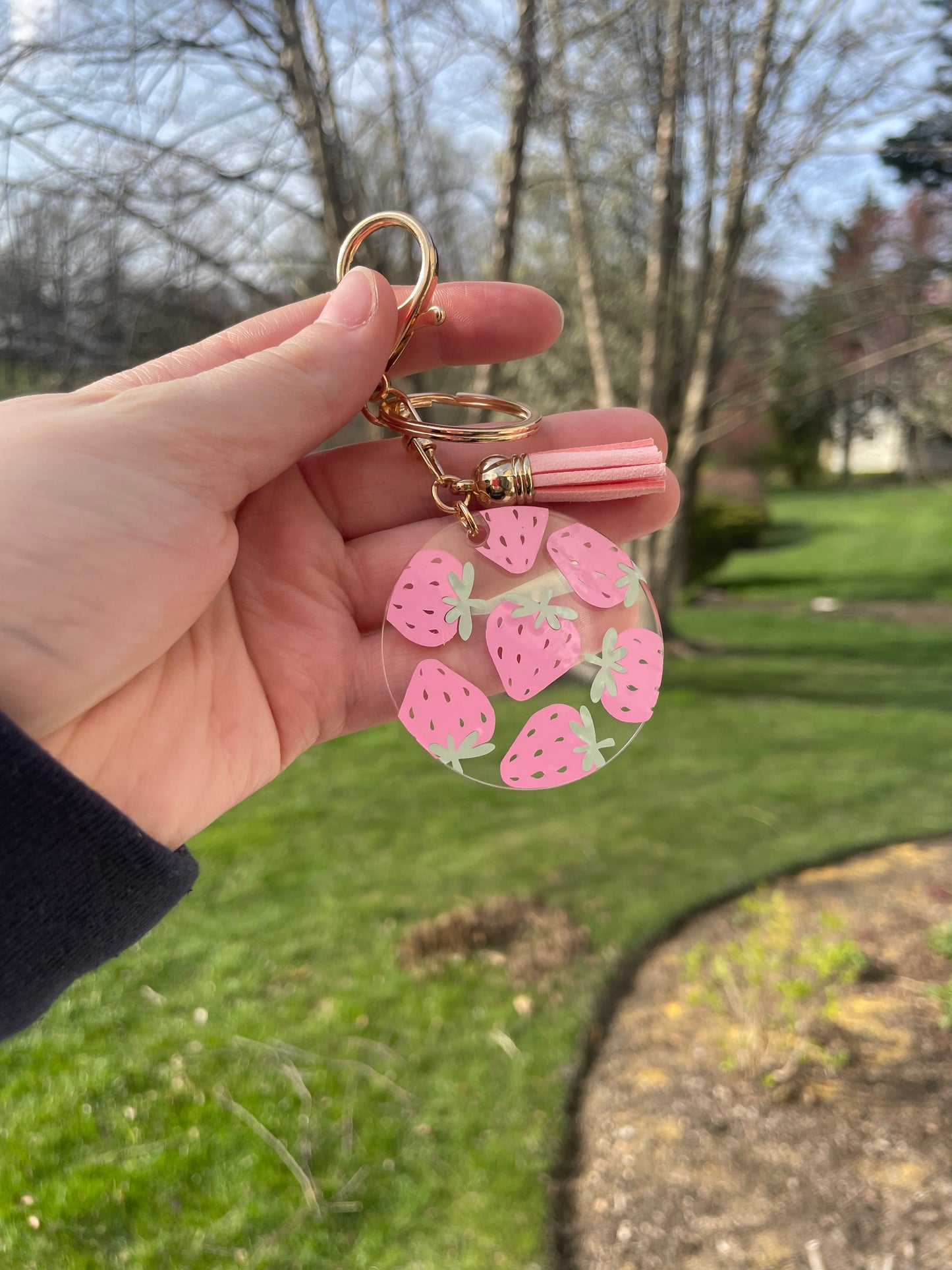 Cute Strawberries Circle Clear Acrylic Keychain with Tassel and Gold Features