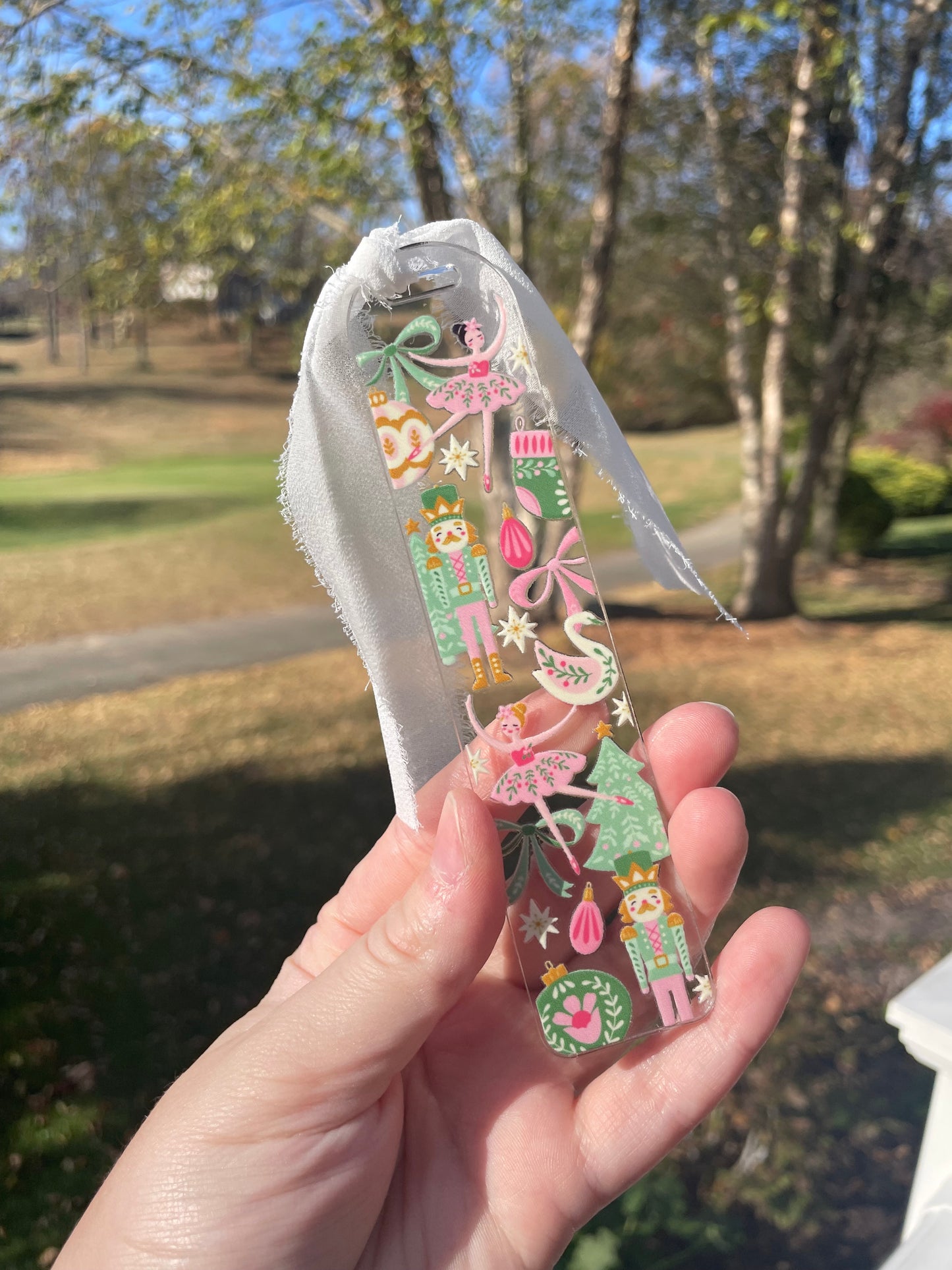 Beautiful Nutcrackers and Ornaments Clear Acrylic Bookmark with Chiffon Ribbon