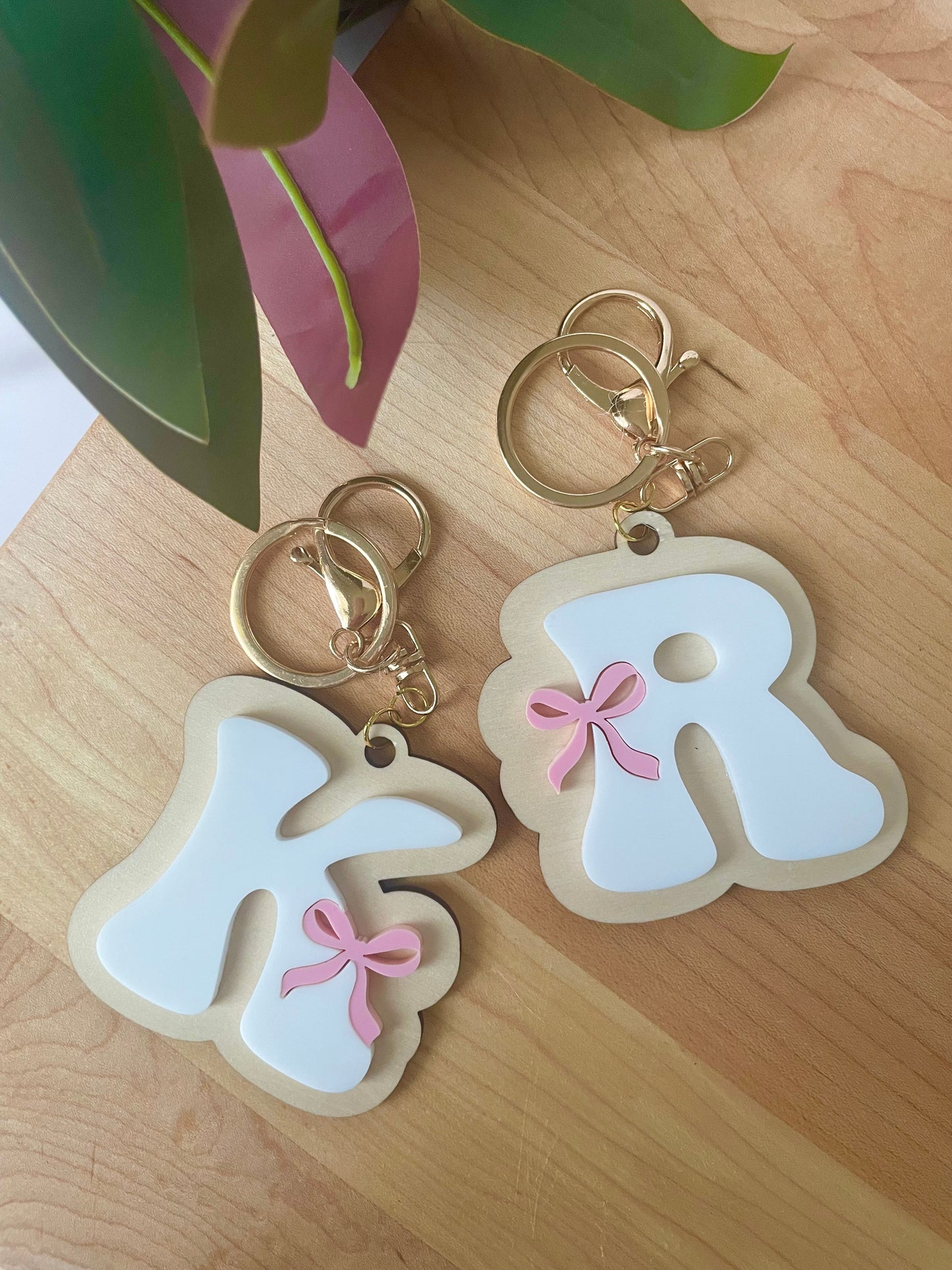 Custom Letter Bow Keychain with Gold Features