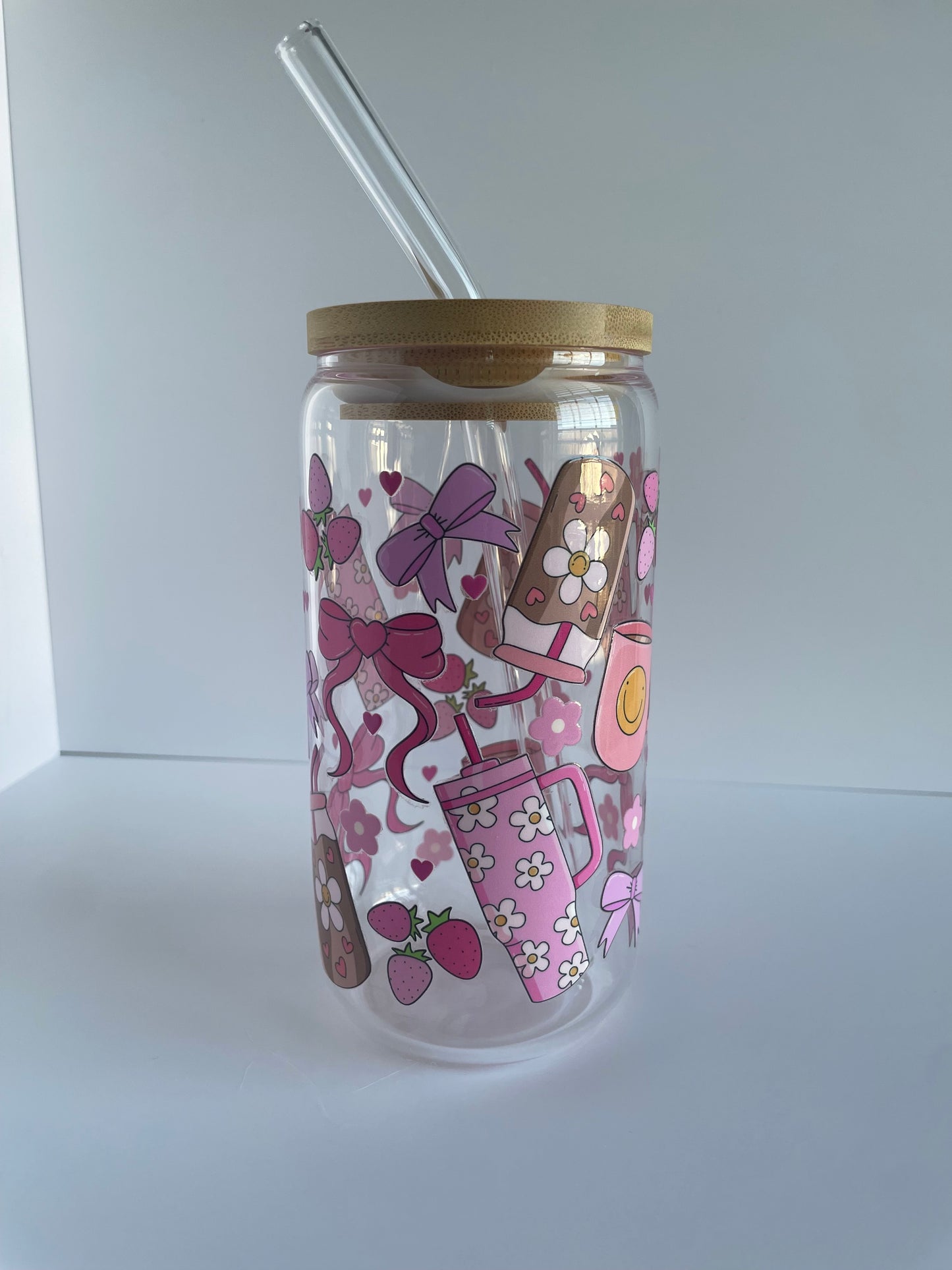 Pink Groovy Girly Glass Cup with Bamboo Lid and Glass Straw