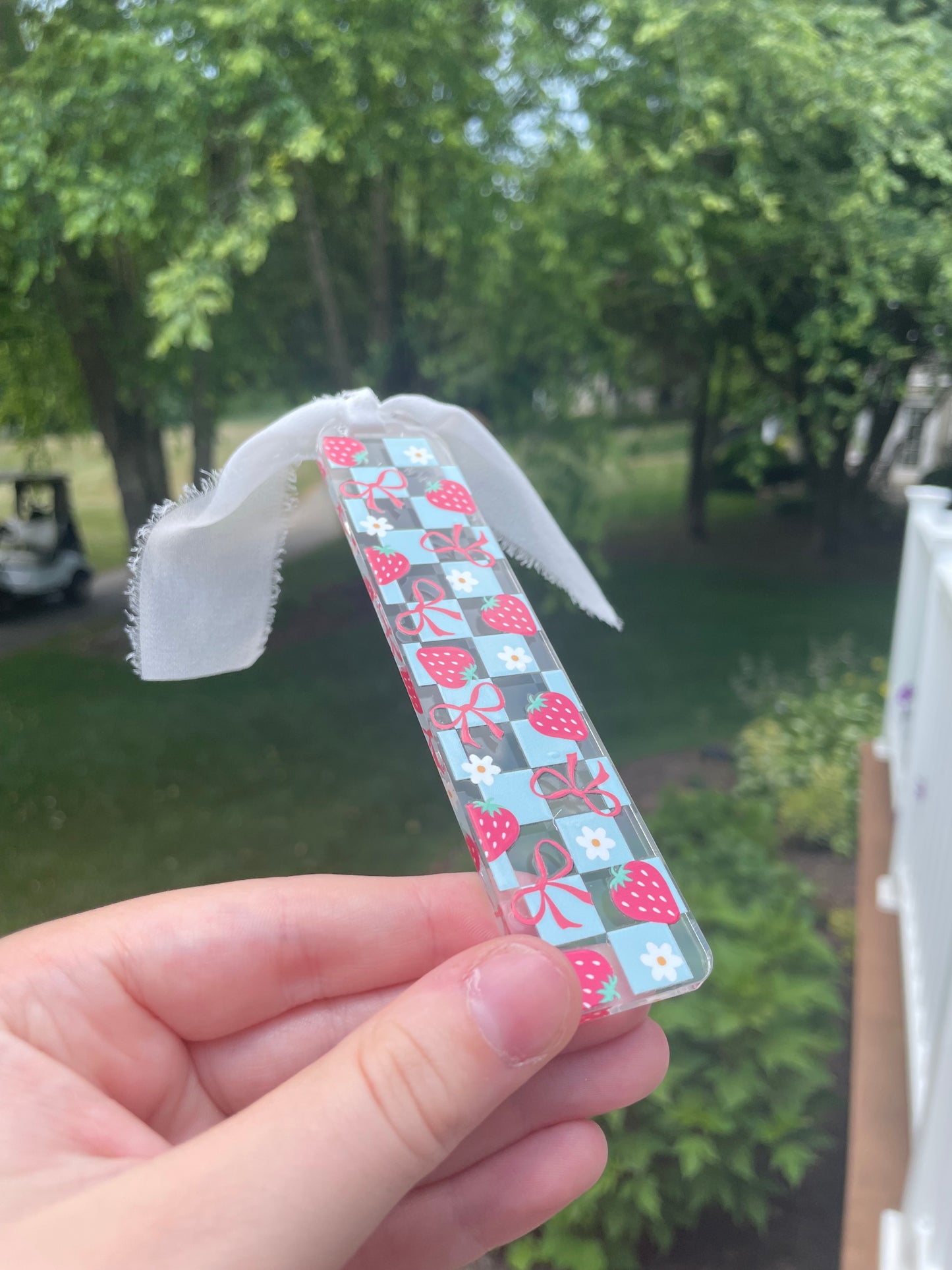 Blue Checkered Strawberries Clear Acrylic Bookmark with Chiffon Ribbon