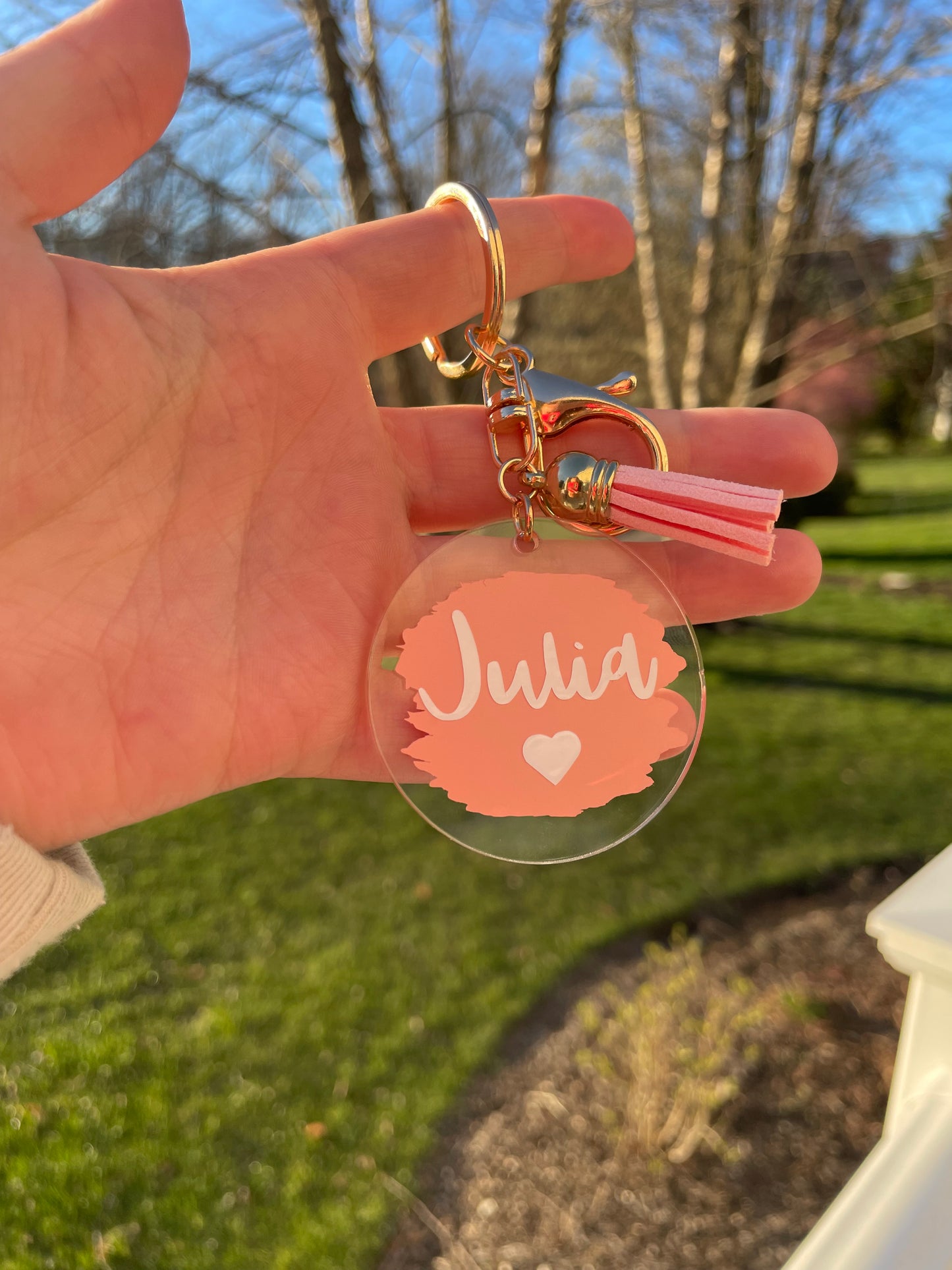 Custom Name Painted Circle Acrylic Keychain with Tassel and Gold Features