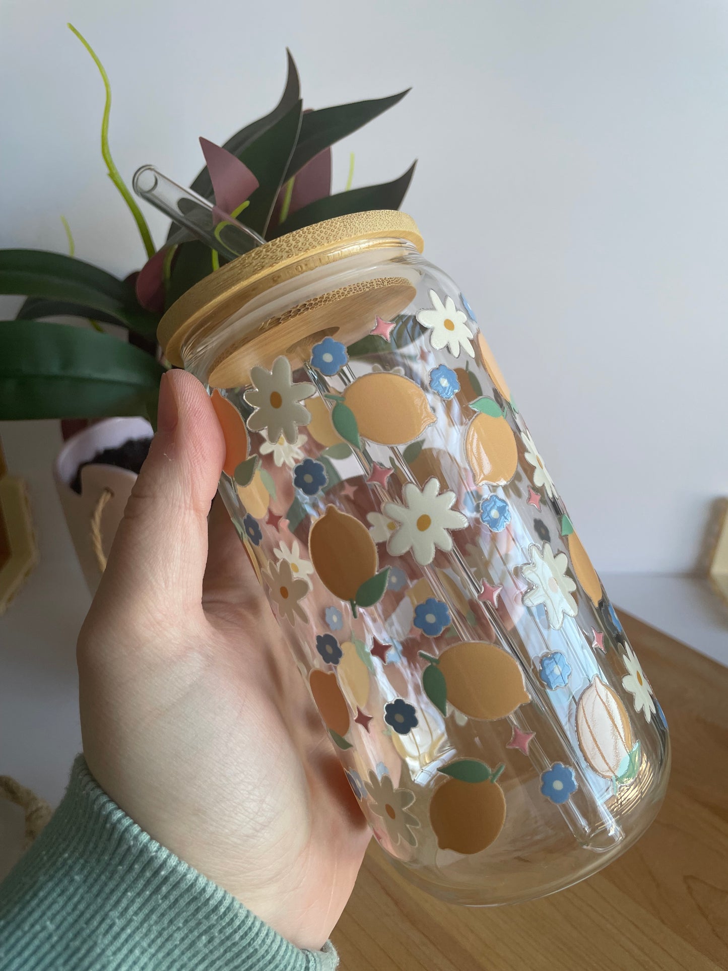 Flowers and Lemons Glass Cup with Bamboo Lid and Glass Straw